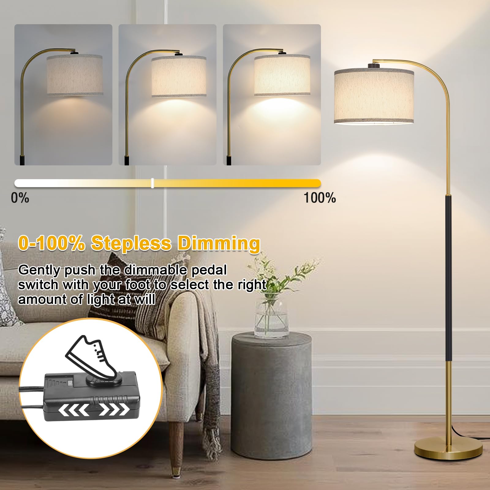 LED Floor Lamp Fully Dimmable Modern Standing Lamp Arc Floor Lamp with Adjustable Drum Shade, Gold Tall Pole Reading Lamp Corner Light for Living Room Bedroom Study Room, Bulb Included