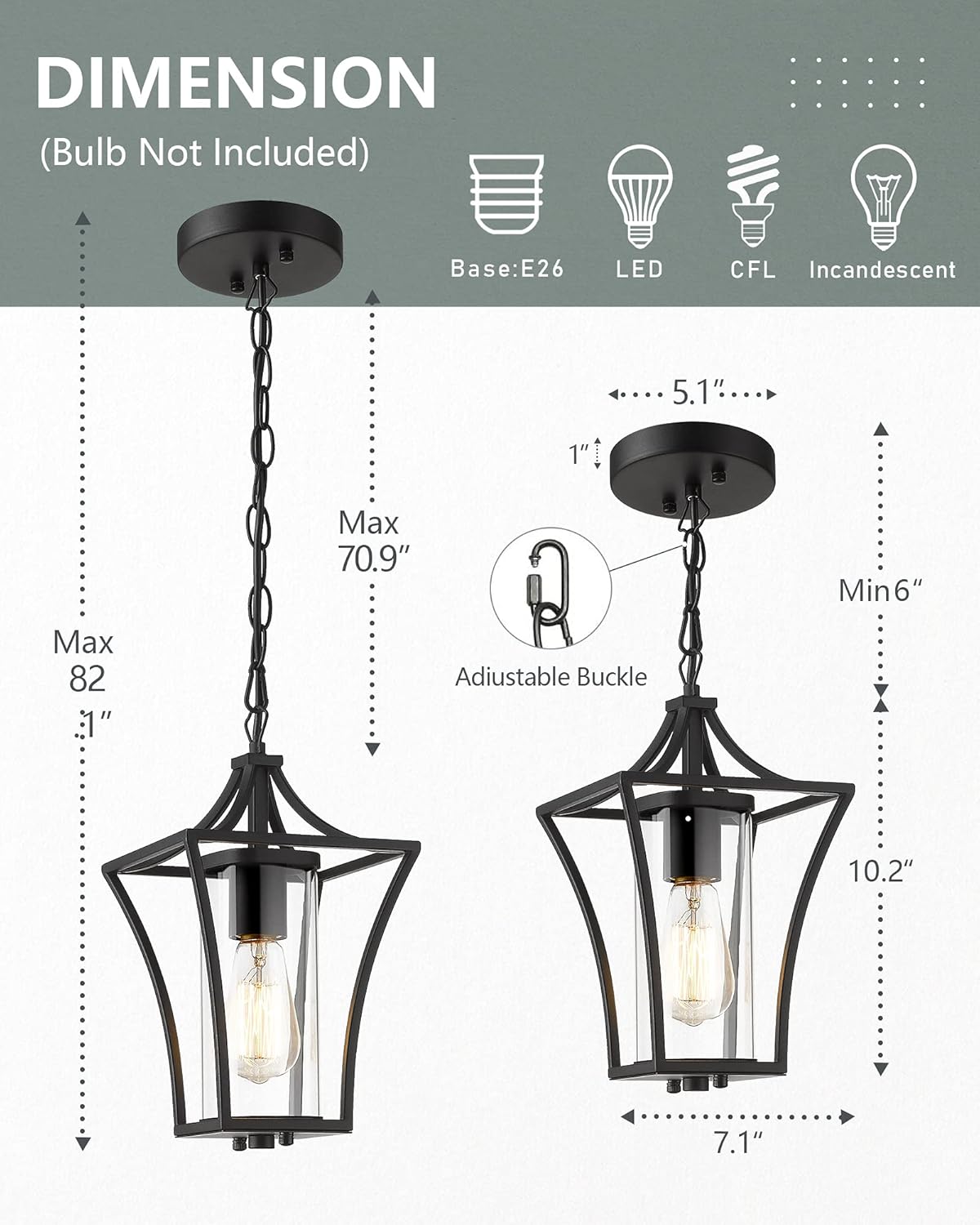 Outdoor Pendant Lights for Porch,Exterior Hanging Light Fixtures,Outdoor Lantern Pendant Light in Textured Black Finish w/Clear Glass Panel - 2451-1H