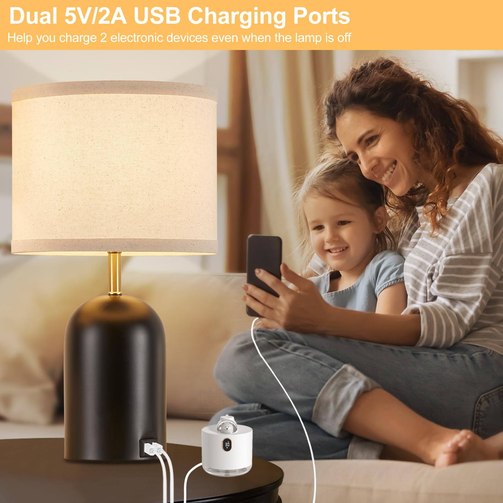 Touch Control Table Lamps Set of 2, Bedside Table Lamps for Bedrooms Set of 2 Modern Living Room 3 Way Dimmable Gold Bedside Lamp for End Table with 2 USB Charging Ports, 2 Bulbs Included