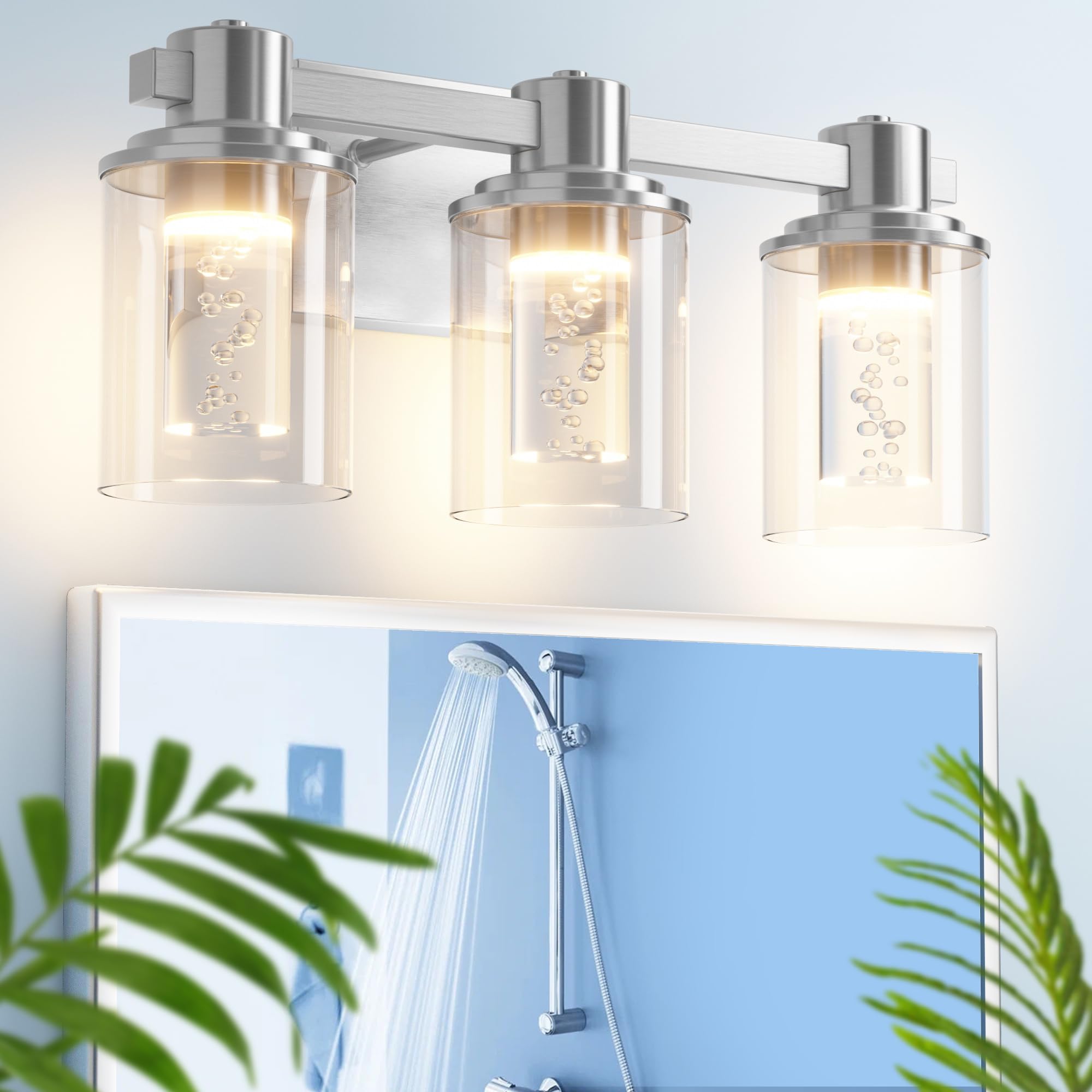 Bathroom Vanity Light Fixtures, 3-Light LED Lighting Fixtures Over Mirror, 5 CCT Modern Chrome Vanity Light for Bathroom with Crystal Bulb Clear Glass Shade Dimmable Bathroom Wall Lamp