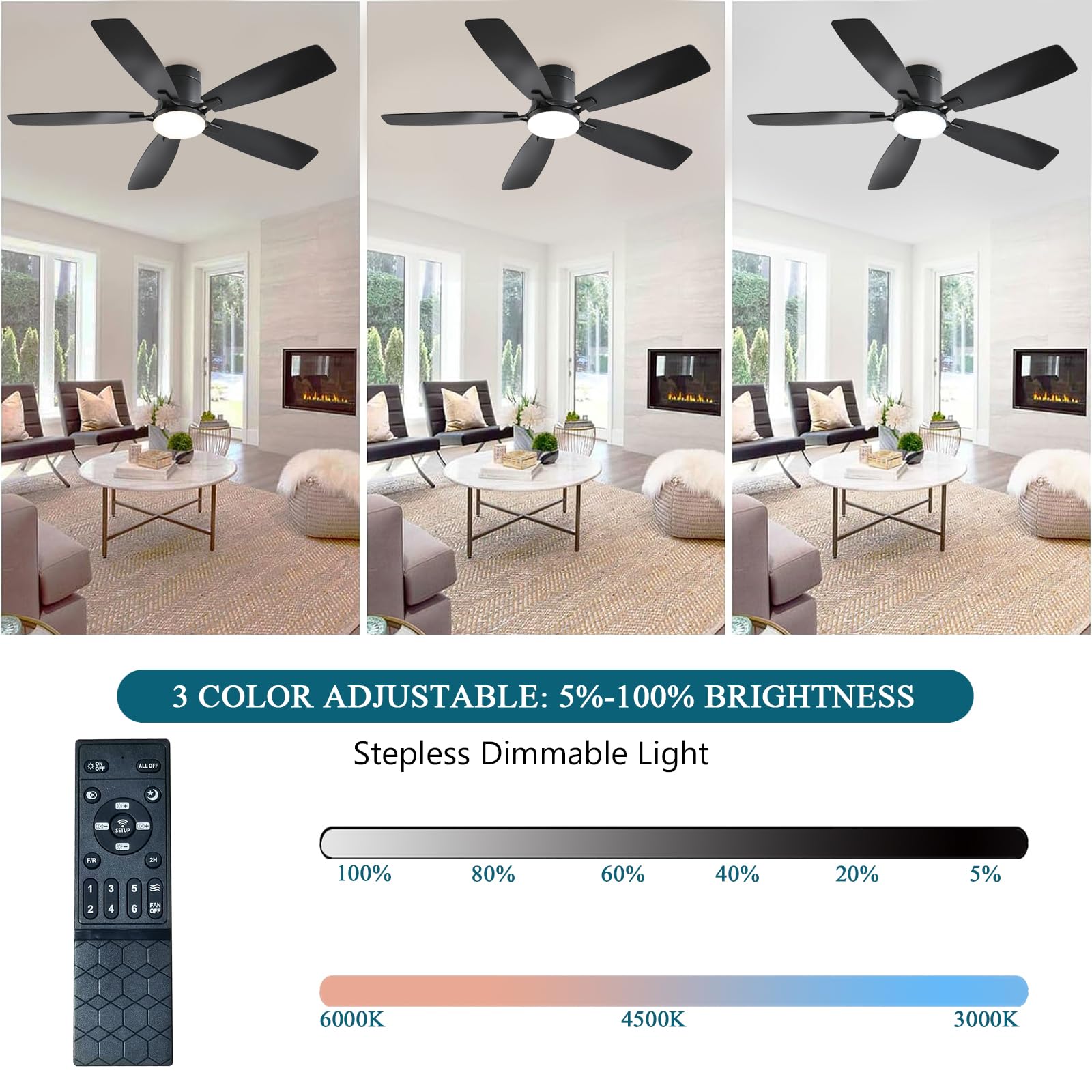 Ceiling Fans with Lights, 52 inch Low Profile Ceiling Fan with Light and Remote Control, Flush Mount, Reversible Motor, Dimmable, Noiseless, White Ceiling Fan for Bedroom, Indoor/Outdoor Use