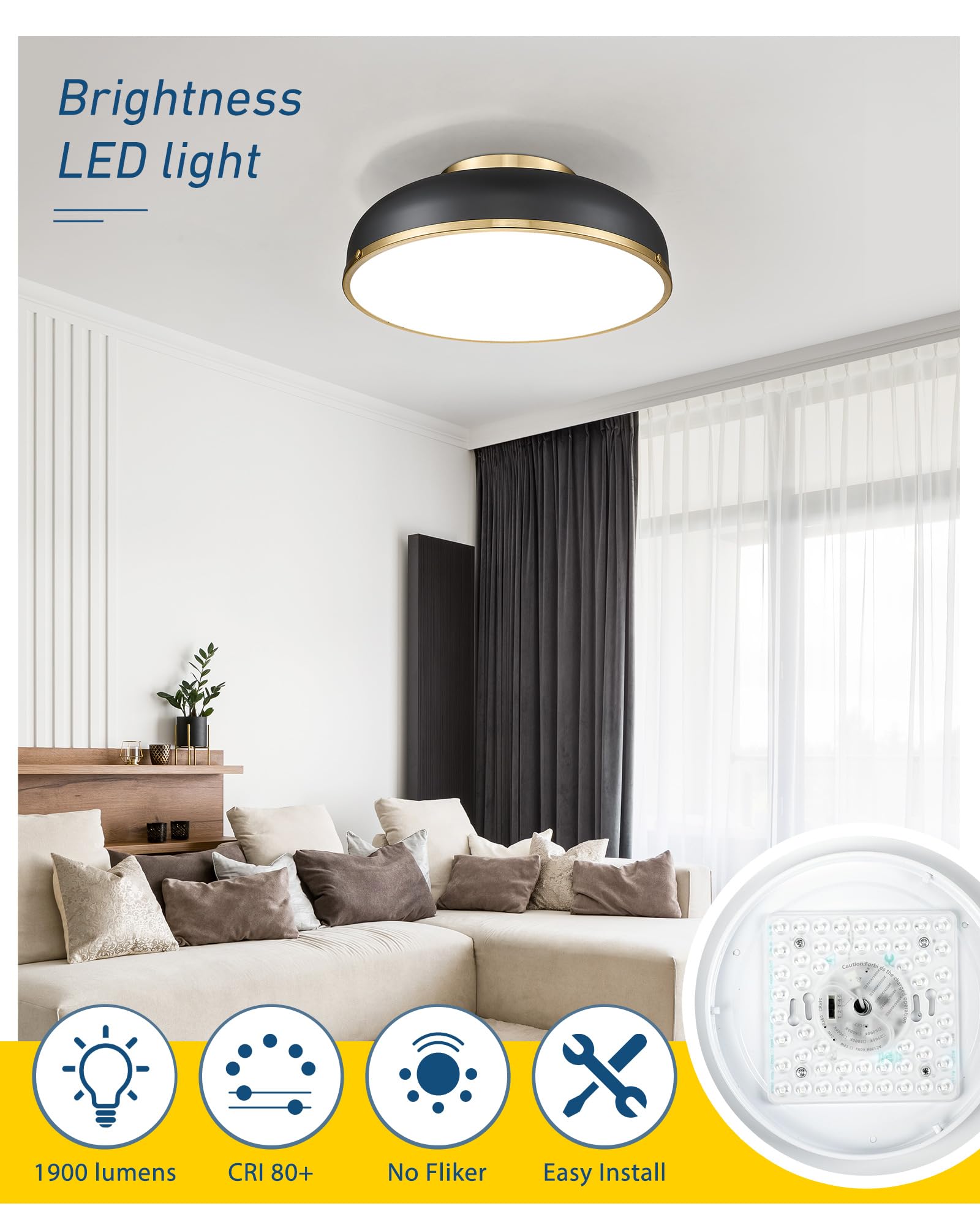 Ceiling Light, 12-inch LED Flush Mount Ceiling Light, Black and Gold Finish, 24W/1100lm Light Fixtures ceiling mount for Living Room, Bedroom, 3000K/3700K/4500K/5100K/6000K Adjustbale, KDCL15-BK