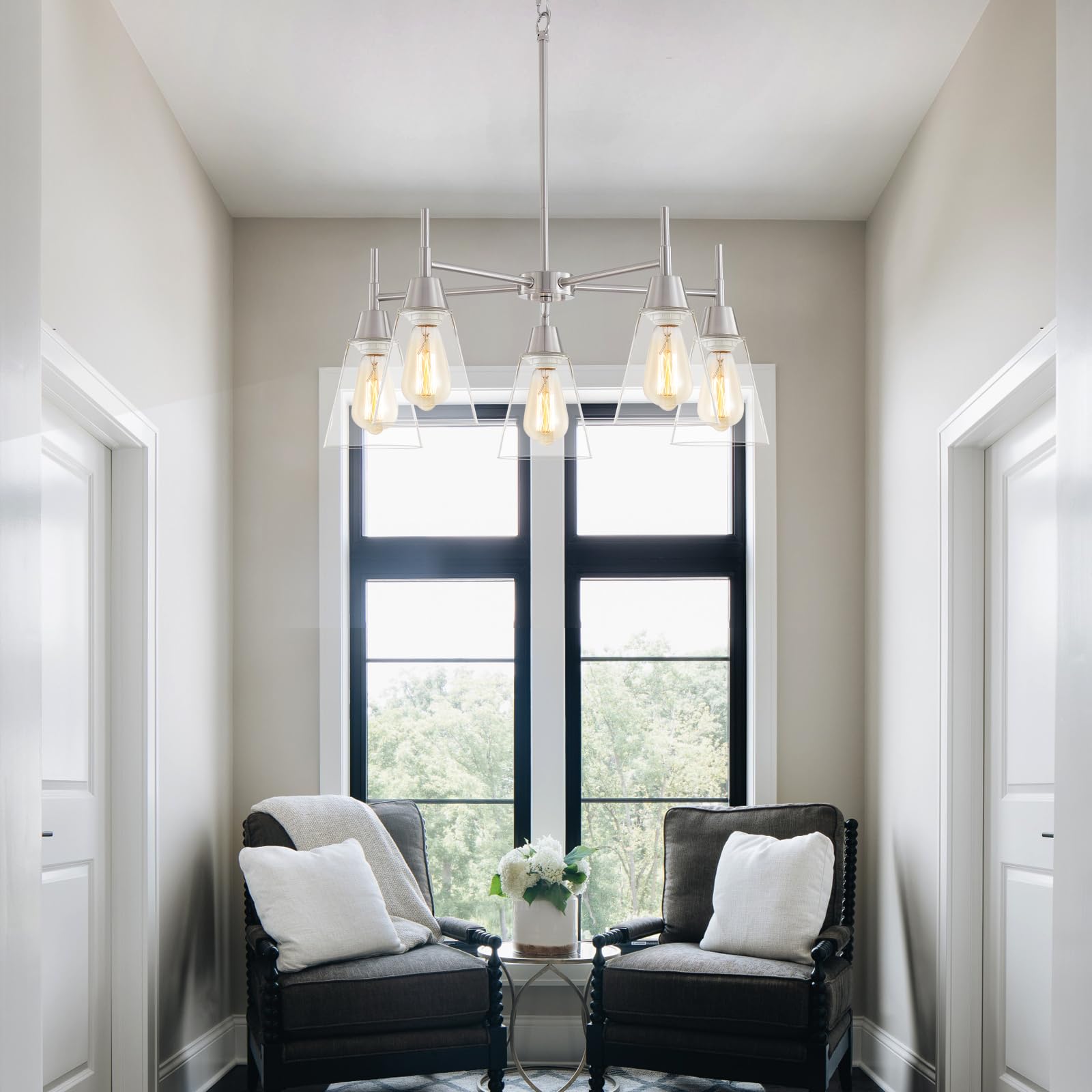 5-Light Gold Chandeliers for Dining Room,Modern Brass Chandelier Kitchen Island Light Fixtures Over Table,Pendant Ceiling Hanging Lighting with Clear Glass Shade for Entryway Foyer Hallway