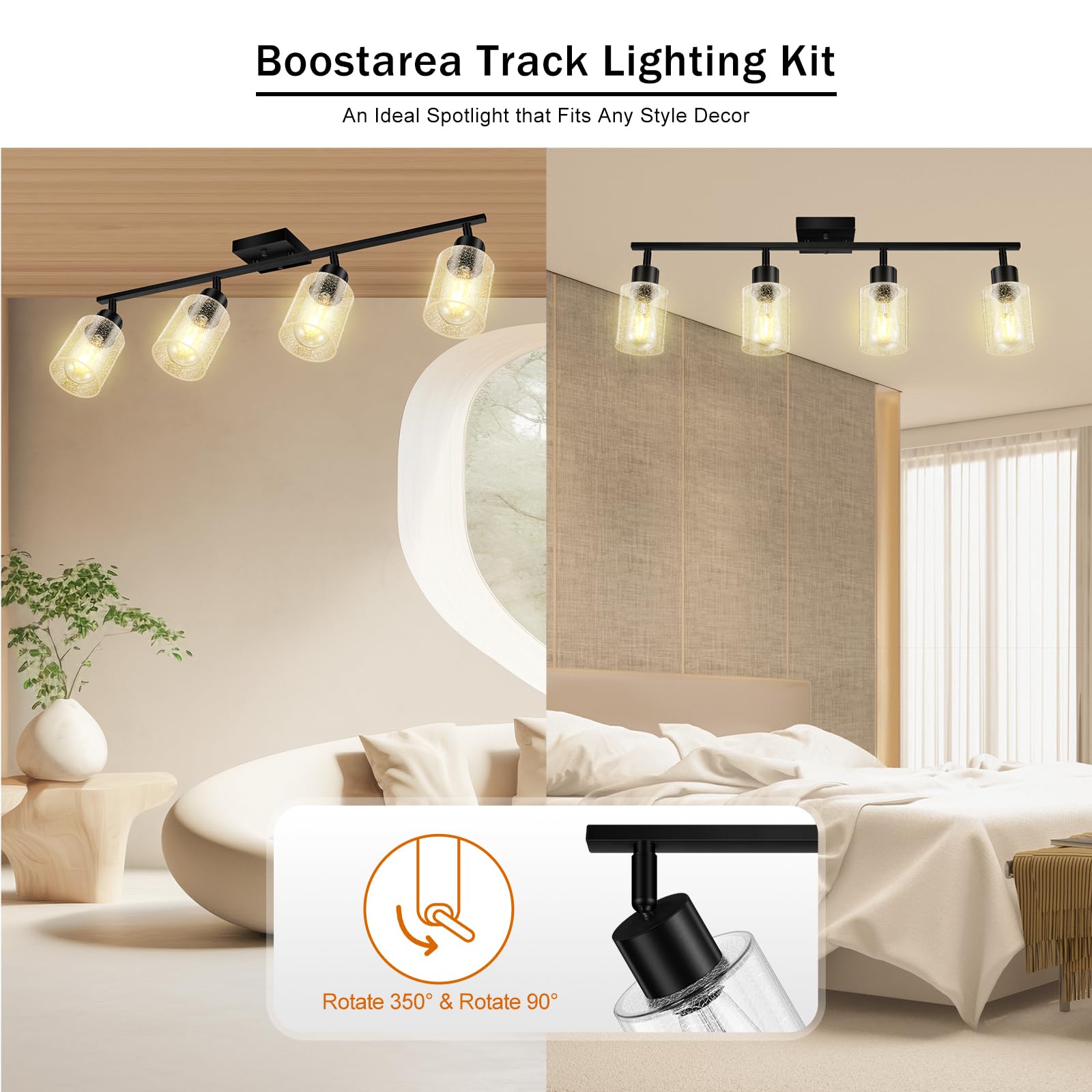 LED 4 Light Track Lighting Kit, 4 Way Ceiling Spot Lighting with Glass Lampshade, Flexibly Rotatable Light Head for Kitchen, Living Room, Bedroom, Bulb Not Included