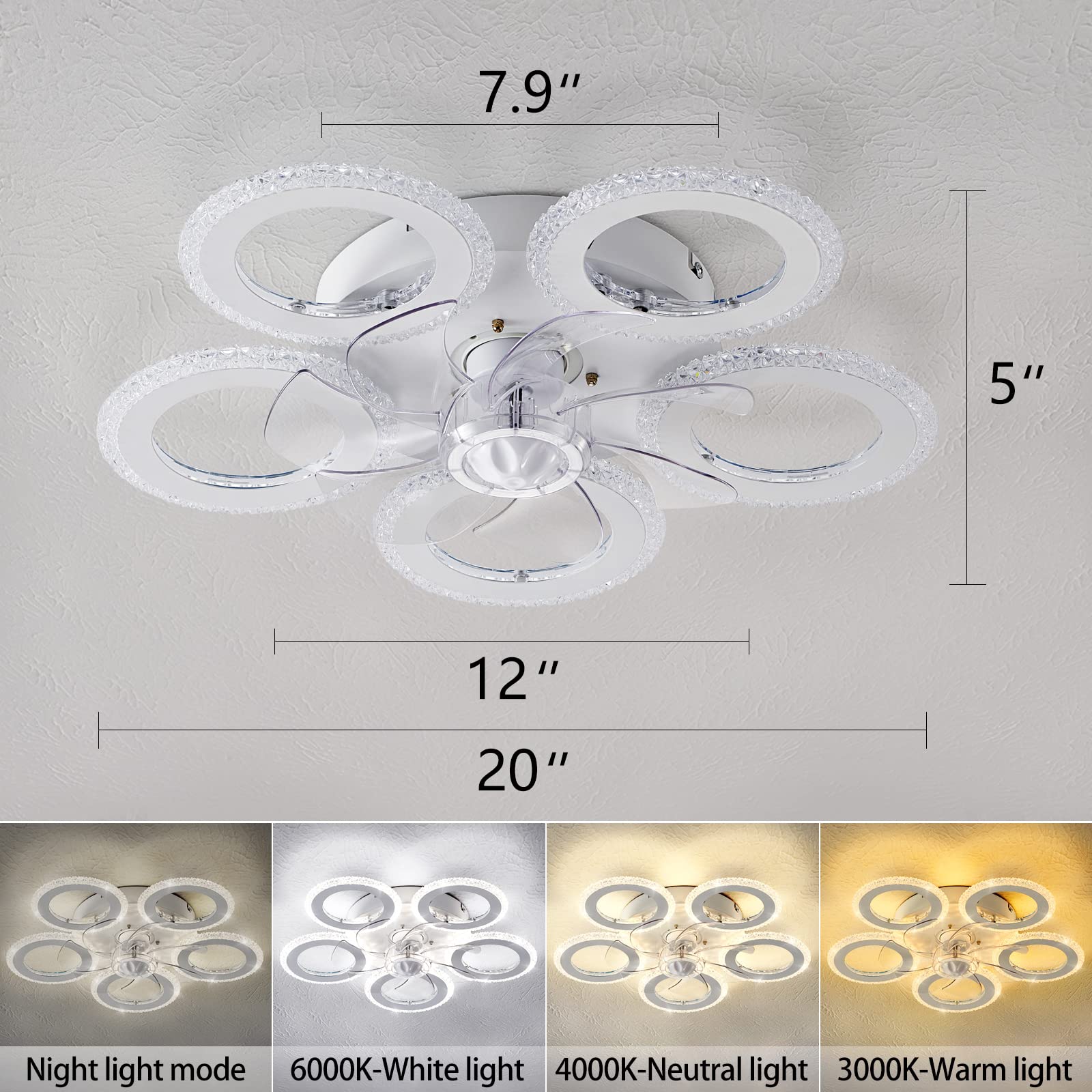 Ceiling Fan with Lights Remote Control, 24" Black, 6 Speeds 3 Light Color Low Profile Flush Mount Ceiling Fan for Kitchen Bedroom