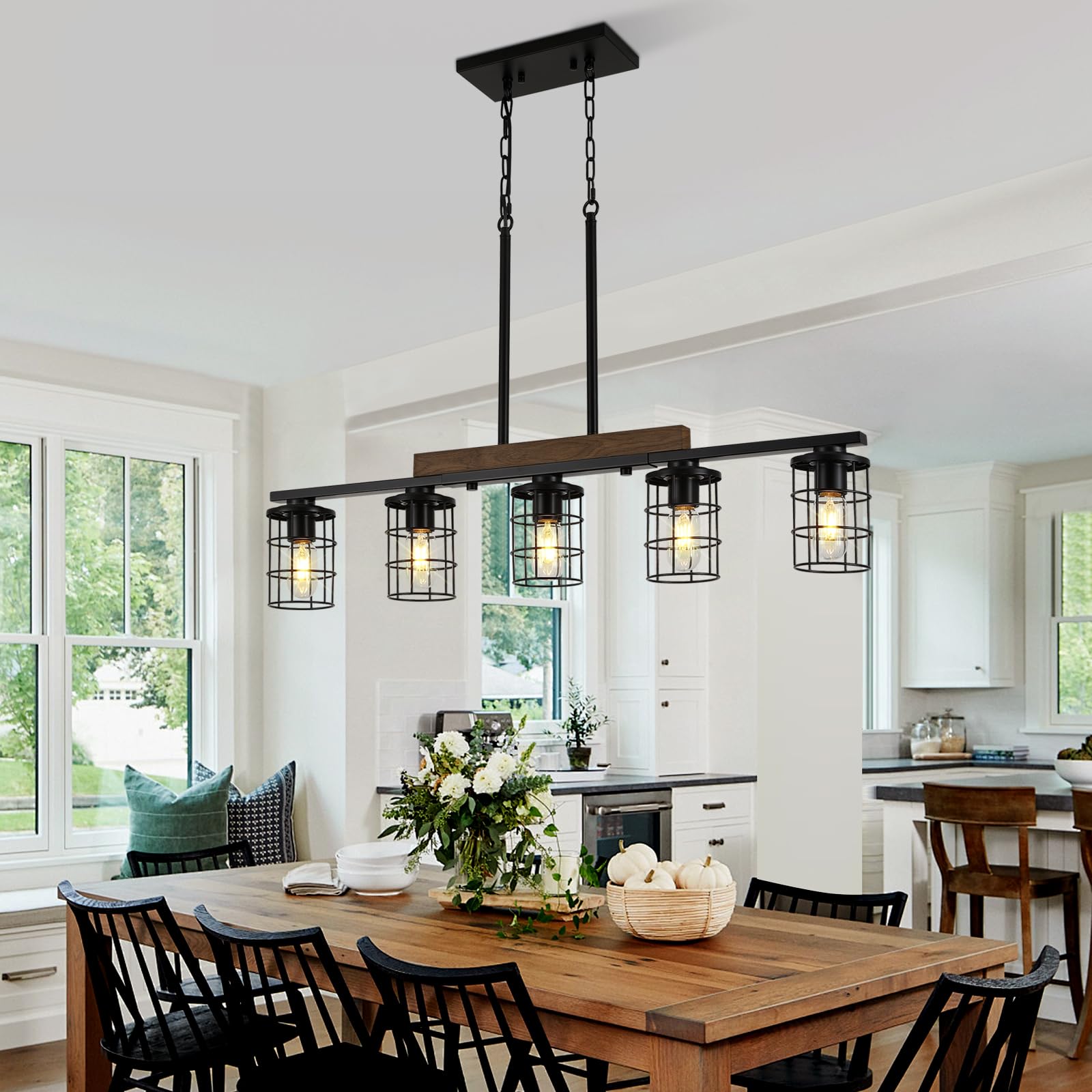 Dining Room Light Fixture/Chandelier Over Table, 36.2-Inch Hanging for Farmhouse Linear Chandeliers,5-Light Kitchen Island Lighting, Black Rustic Wooden Ceiling Chandelier,with metal lampshade