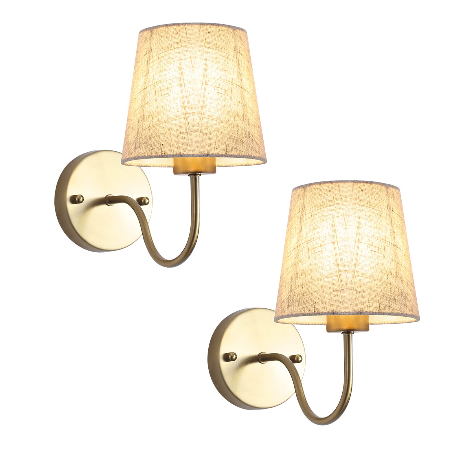 Gold Wall Sconces Set of Two, Modern Sconces Wall Lighting Vintage Wall Light Fixtures with Fabric Lampshade, Bedside Wall Lamps for Bedroom Living Room Hallway Entryway