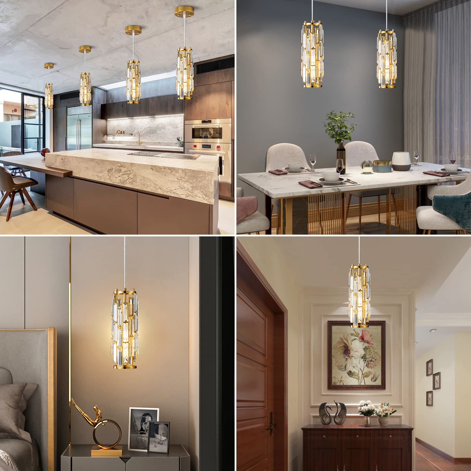 LMQNINE Pendant Lighting Modern Pendant Light, Mini Crystal Chandeliers,Adjustable Pendant Light Fixture for Kitchen Island Dinning Room Bedroom (Gold, 3-Light)