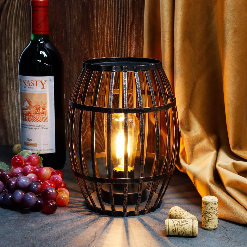 Decorative Table Lamp Battery Powered 8“H Cordless Metal Wine Barrel Lamp with 6-Hour Timer for Tabletop Home Patio Dining Room Living Room(Black Brushed Gold)