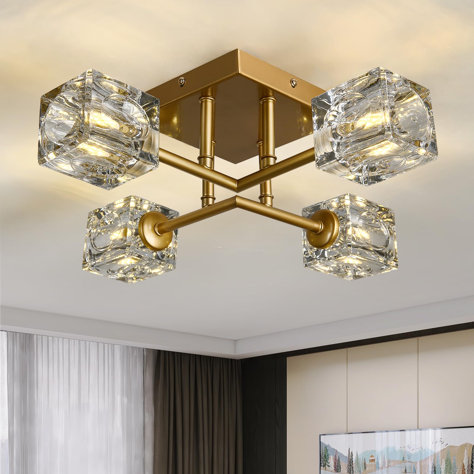 Vintage Gold Semi Flush Mount Ceiling Light 8-Light Glass Sputnik Chandeliers Mid Century Modern Crystal Ceiling Light Fixture for Living Room Dining Room Bedroom Kitchen Foyer