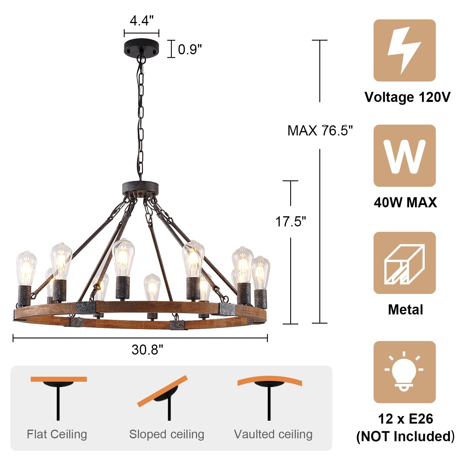 12-Light Wood Wagon Wheel Chandelier Brown Rustic Hanging Ceiling Lighting Chandeliers Industrial for Living Dining Room Bedroom Hallway Entryway Foyer High Ceiling Restaurant, E26