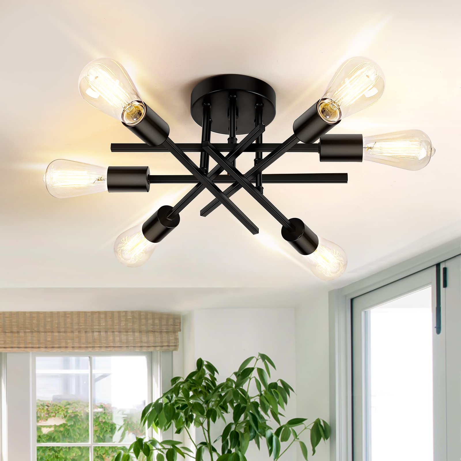 TOBUSA Semi Flush Mount Ceiling Light Fixture Matte Black, Modern Sputnik Close to Ceiling Light, Chandelier Light Fixture Ceiling for Bedroom Kitchen Living Room Dining Room, 4 Light E26 Socket