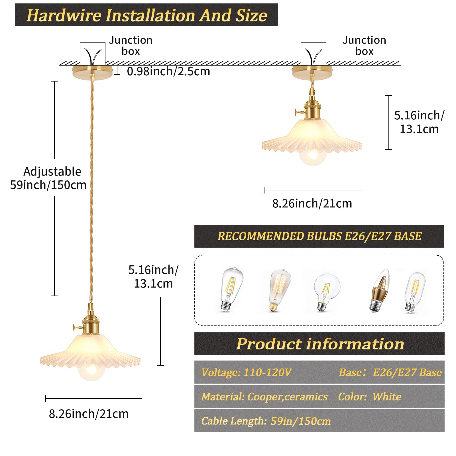 Pendant Light with White Pleated Ceramic Lmapshade, Brass Vintage Pendant Light Adjustable Hanging Light for Kitchen Island Dining Room Hallway 7.87 Inch Diam