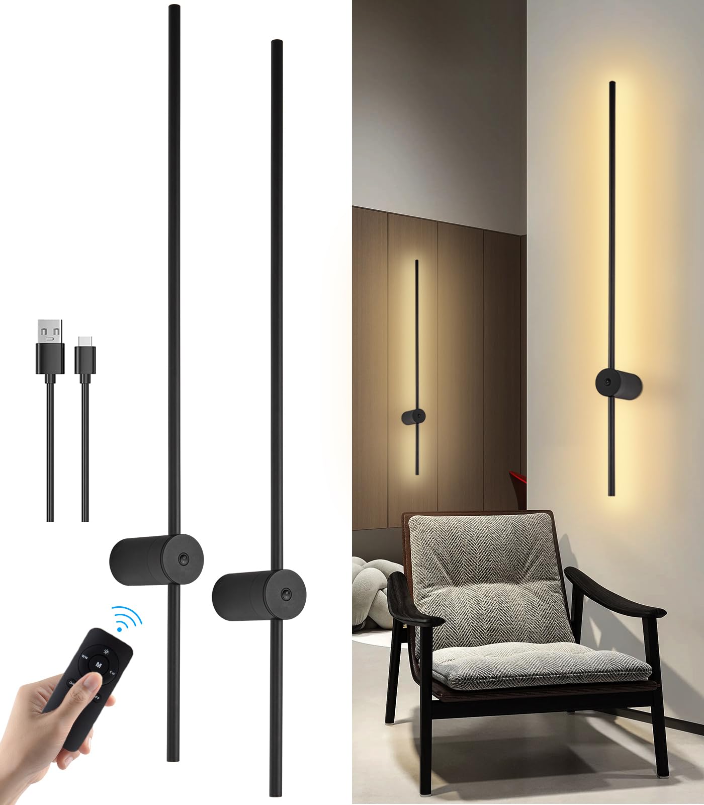 Battery Operated Wall Sconce Set of Two, USB Rechargeable LED Wall Lights with Remote Control, Dimmable Cordless Wall Lamp Indoor, 360° Rotation Reading Lamp for Living Room, Bedroom, Black - 23.62in