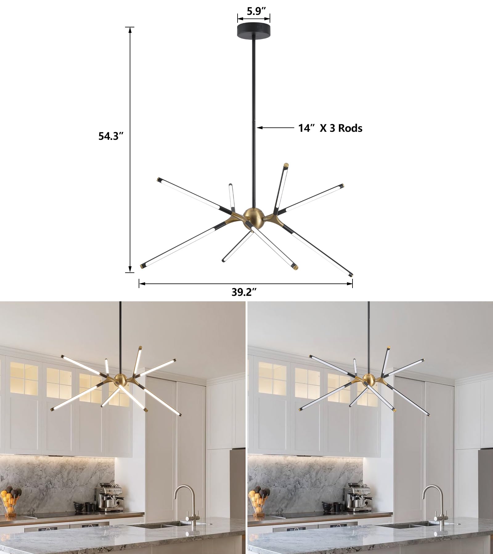 Modern LED Chandeliers for Dining Room,Black and Oak White Farmhouse Sputnik Dimmable Chandelier with Remote for Living Room Kitchen Office Hotel Restaurant Lobby