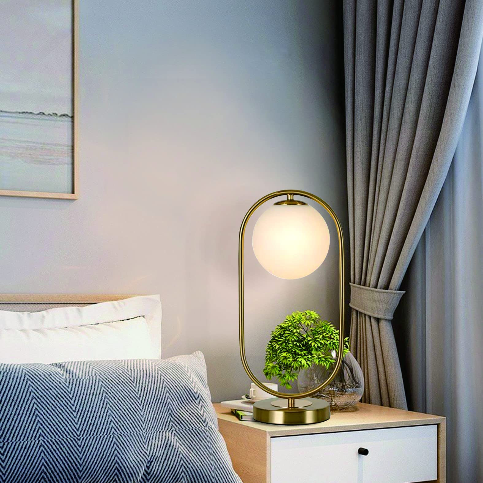 Modern Bedside Night Lamp Mini Gold Table Light Metal Brass Finished Bedside Desk Lamp with Milky White Shade for Living Room Bedroom (Bronze, Oval)