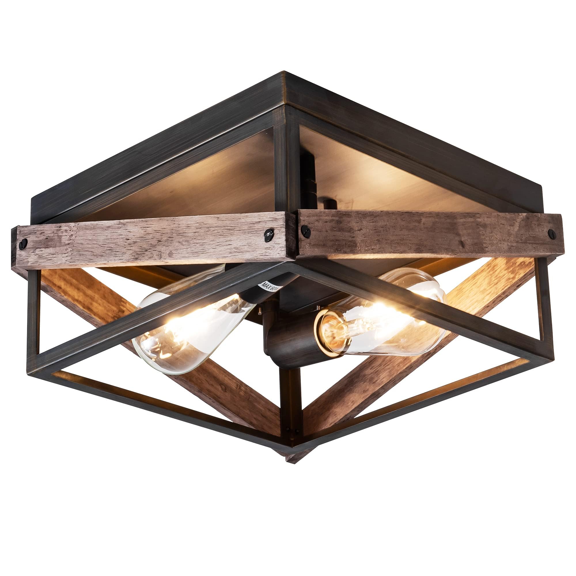 2-Light Farmhouse Flush Mount Ceiling Light, Rustic Ceiling Light, Metal and Wood Square Dining Room Light Fixture for Hallway Farmhouse Entryway Balcony Kitchen