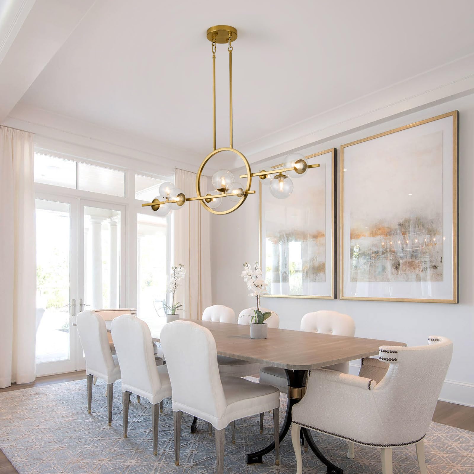 Modern Gold Chandelier for Dining Room Over Table Above Kitchen Island 9-Light Fixture Hanging Farmhouse Lighting Fixtures Ceiling Pendant Linear Chandelier with Clear Glass Globe Shade-Brushed Golden