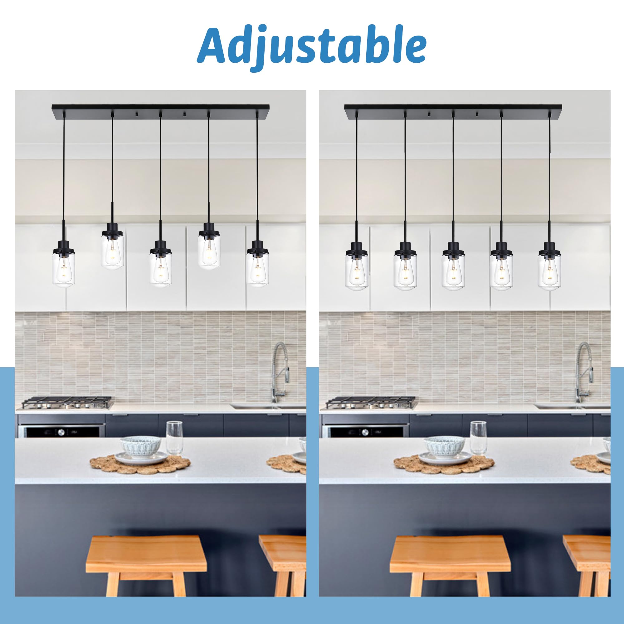 3-Light Linear Hanging Pendant Lighting for Kitchen Island, Black Dining Room Light Fixtures Over Table Linear Chandelier with Clear Glass Shade, Adjustable Height