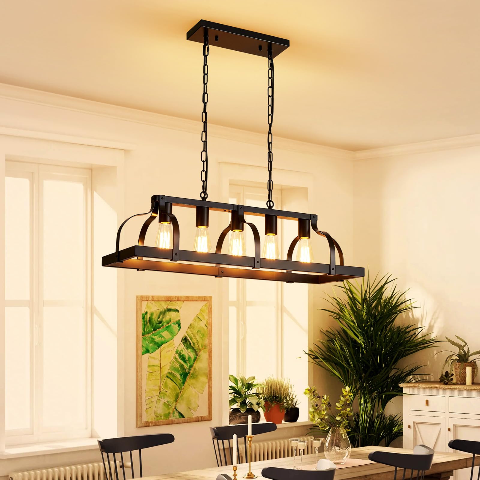 WUZUPS 5-Light Metal Chandelier Imitation Wood Grain Linear Pendant Ceiling Lighting Rustic Farmhouse Fixture Kitchen Island Dining Room, H 8.5" L 31.5" W10, E26 Base, Black & Antique White