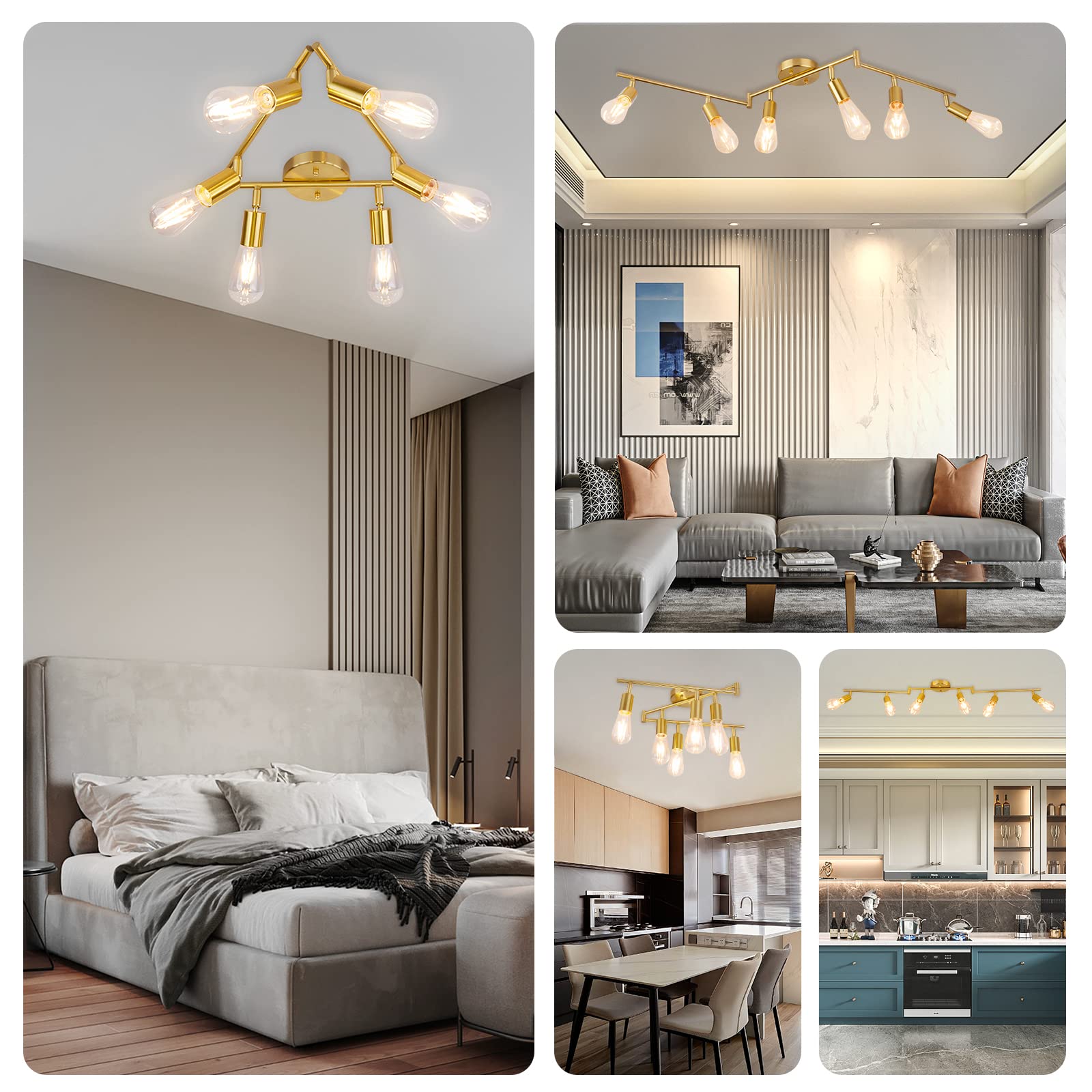 4 Lights Track Lighting Fixtures Ceiling, Flush Mount Gold Track Lights Kit, Modern Directional Kitchen Ceiling Lamp with Flexibly Adjustable E26 Light Heads, for Living Room, Office