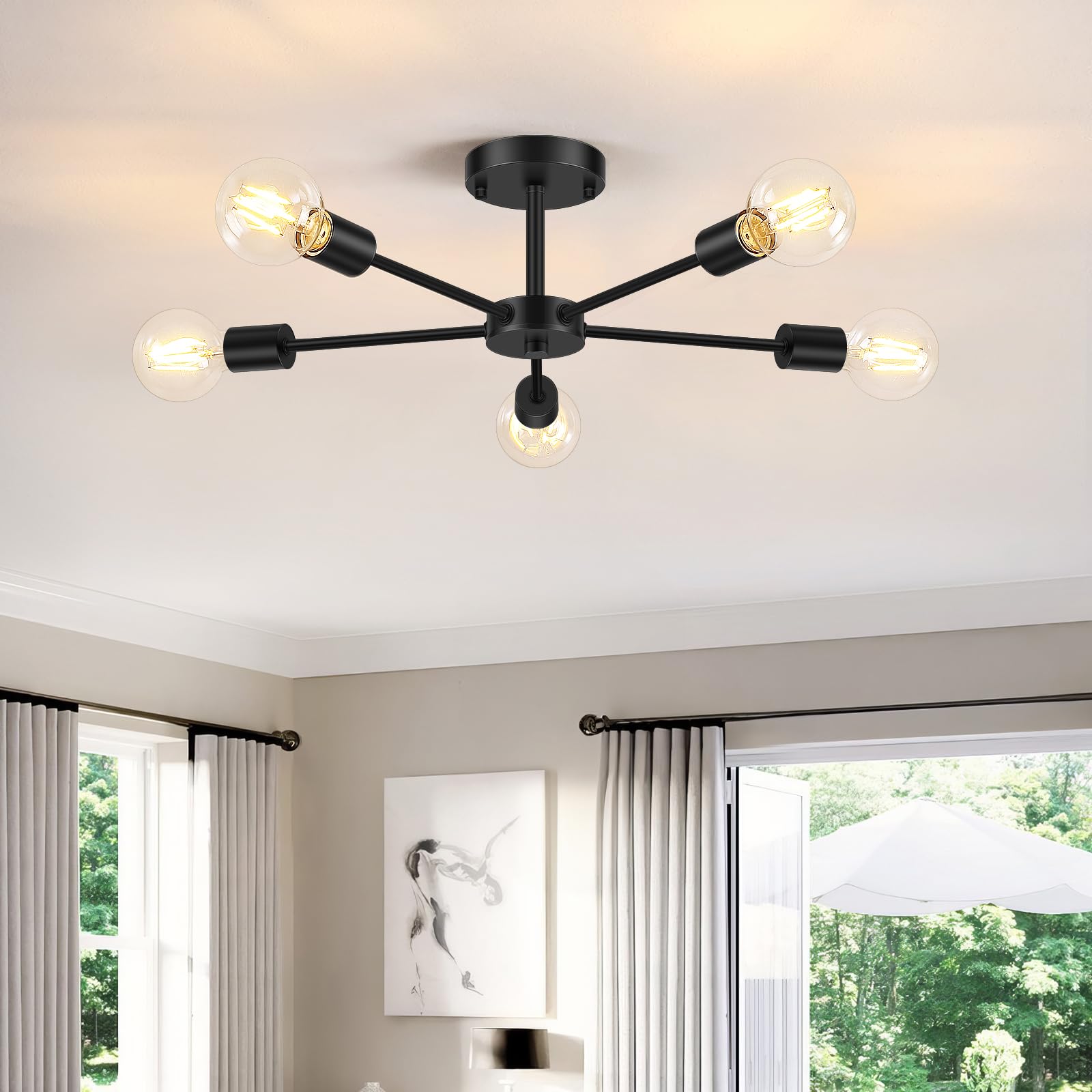 6-Lights Semi Flush Mount Ceiling Light, Matte Black Close to Ceiling Lighting with E26 Base, Modern Sputnik Light Fixtures for Kitchen Dining Room Bedroom Living Room