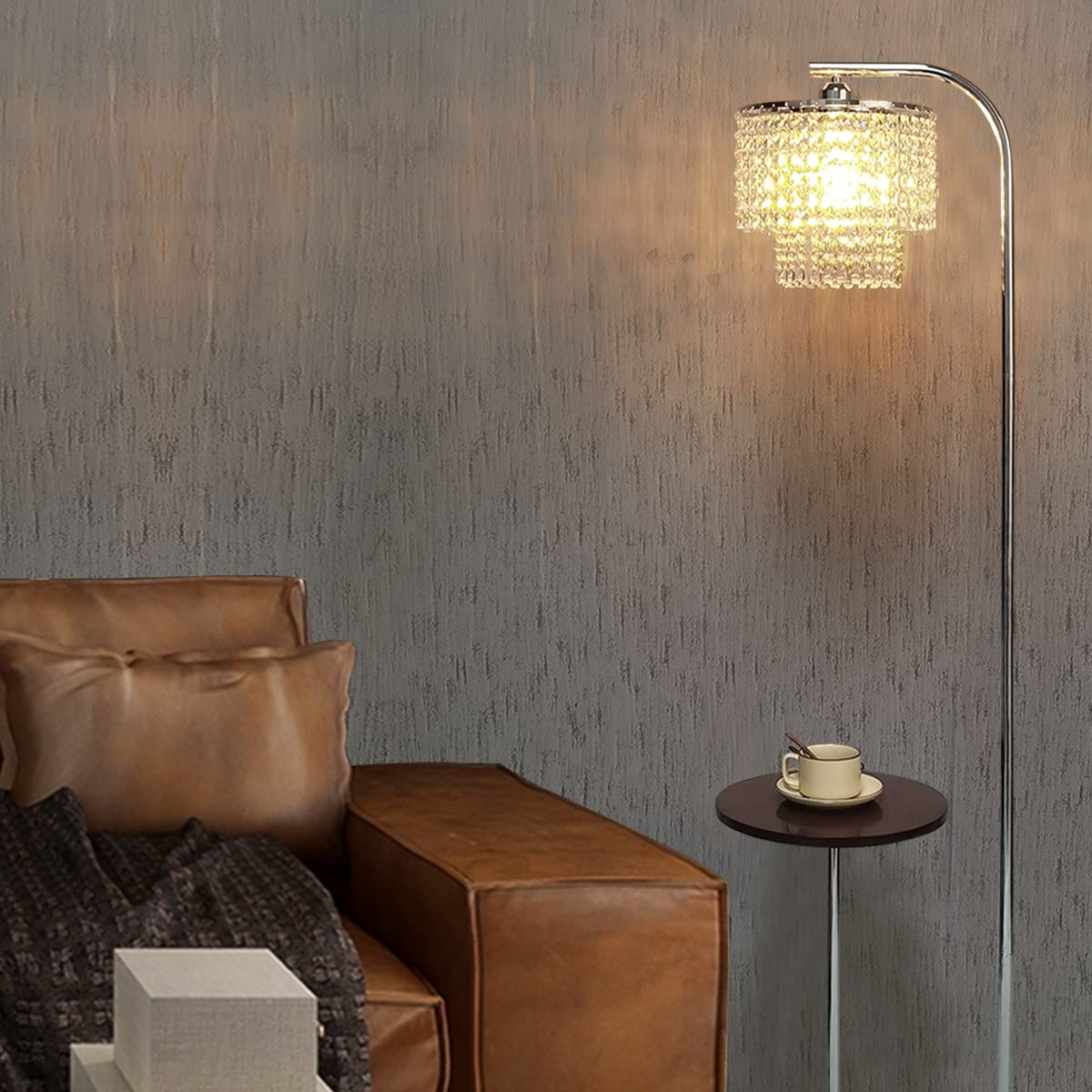 Arc Crystal Floor Lamp for Living Room - Marble Base Modern Tall Stand Up Light with Table,Contemporary Over The Couch Gold Lamp Standing Lamps for Bedroom Office Living Room