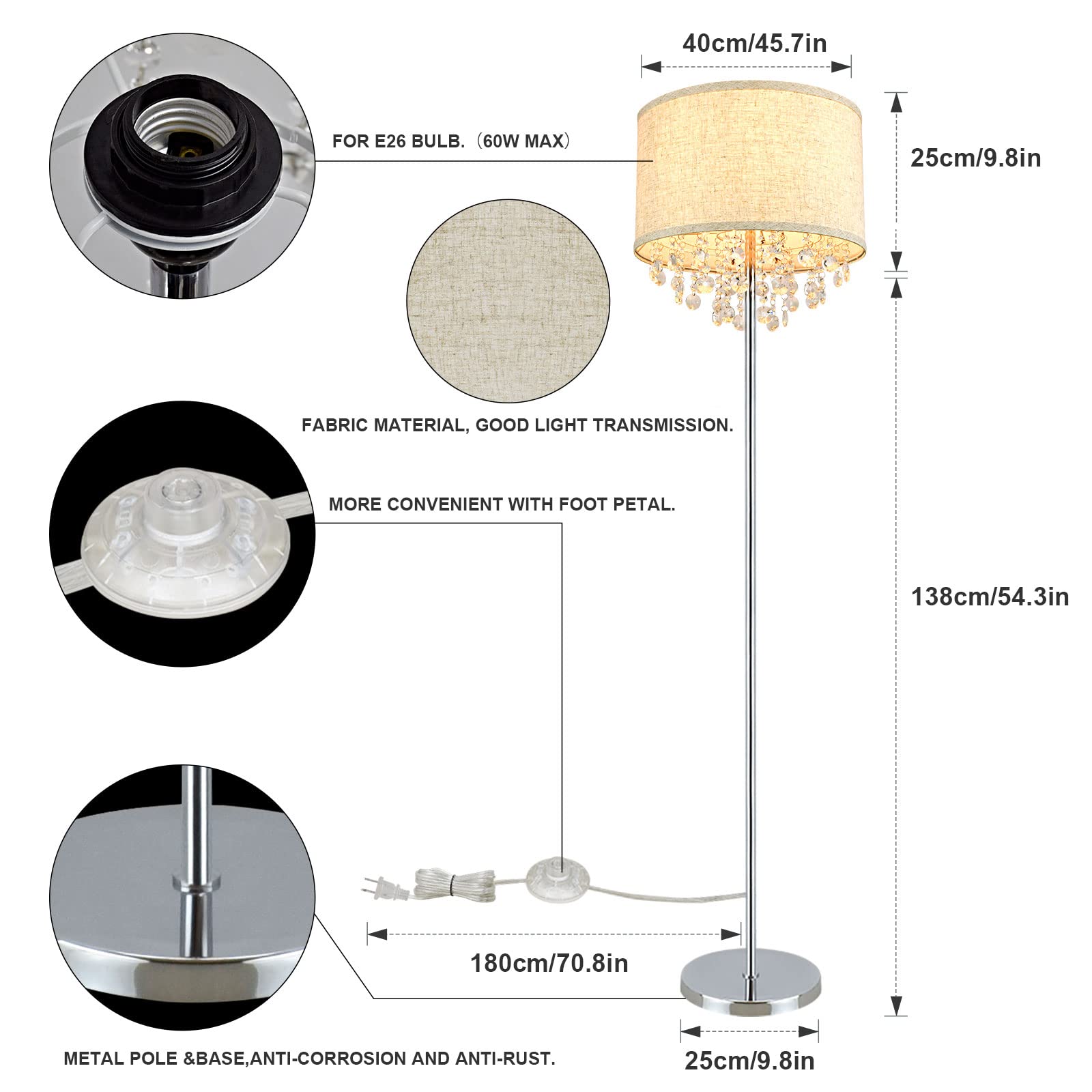 DLLT LED Floor Lamp for Living Room, Crystal Elegant Reading Standing Light for Kids Bedroom, Suit Mid Century, Modern & Farmhouse Rooms, Tall Pole with Fabric Drum Shade, Brass, E26 Warm Light