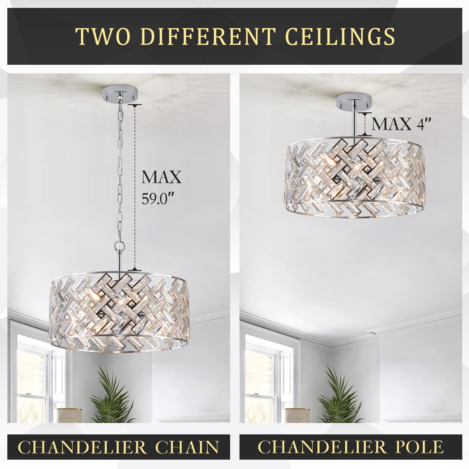 Gold Crystal Chandeliers, Modern Semi Flush Mount Chandelier 4-Ligh Drum Crystal Ceiling Pendant Light Fixture 12” for Foyer Entryway Kitchen Hallway Dining Room