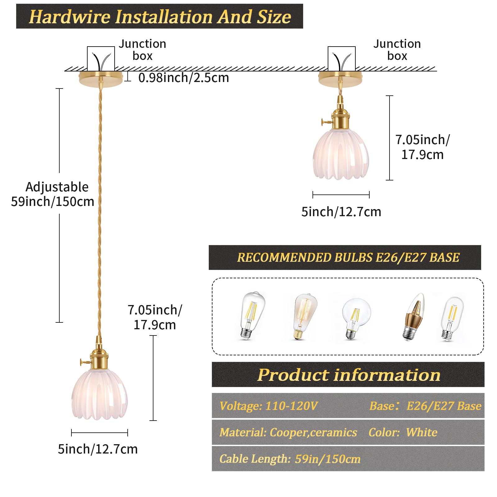 Pendant Light with White Pleated Ceramic Lmapshade, Brass Vintage Pendant Light Adjustable Hanging Light for Kitchen Island Dining Room Hallway 7.87 Inch Diam