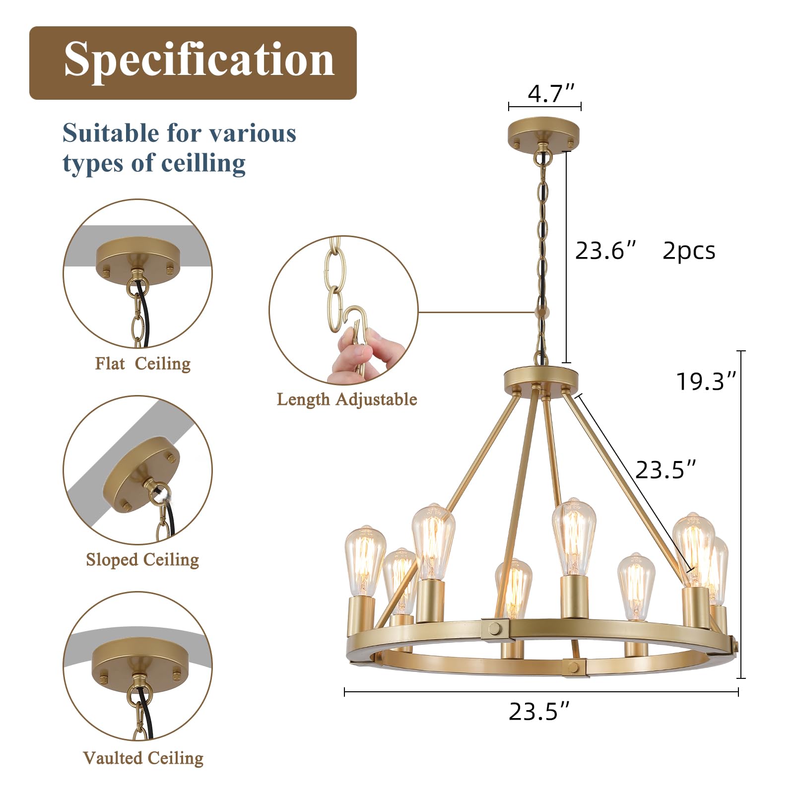 Gold Wagon Wheel Chandelier, 12-Light Industrial Pendant Light, 31.5'' Farmhouse Ceiling Hanging Chandelier Light Fixture for Living Room, Bedroom, Entryway, Foyer