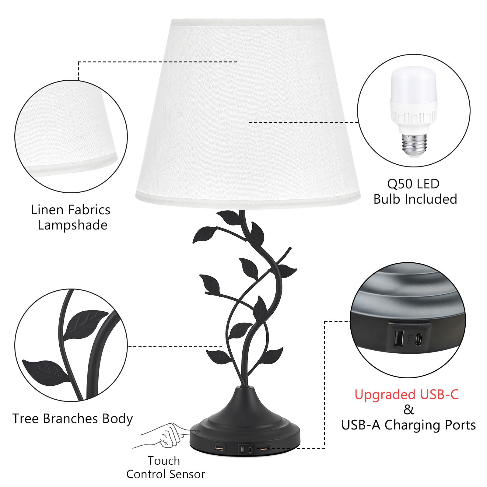 USB Charging Bedside Nightstand Lamp for Living Room and Bedroom - Traditional Tall Retro Desk Lamp with USB-A and USB-C Ports