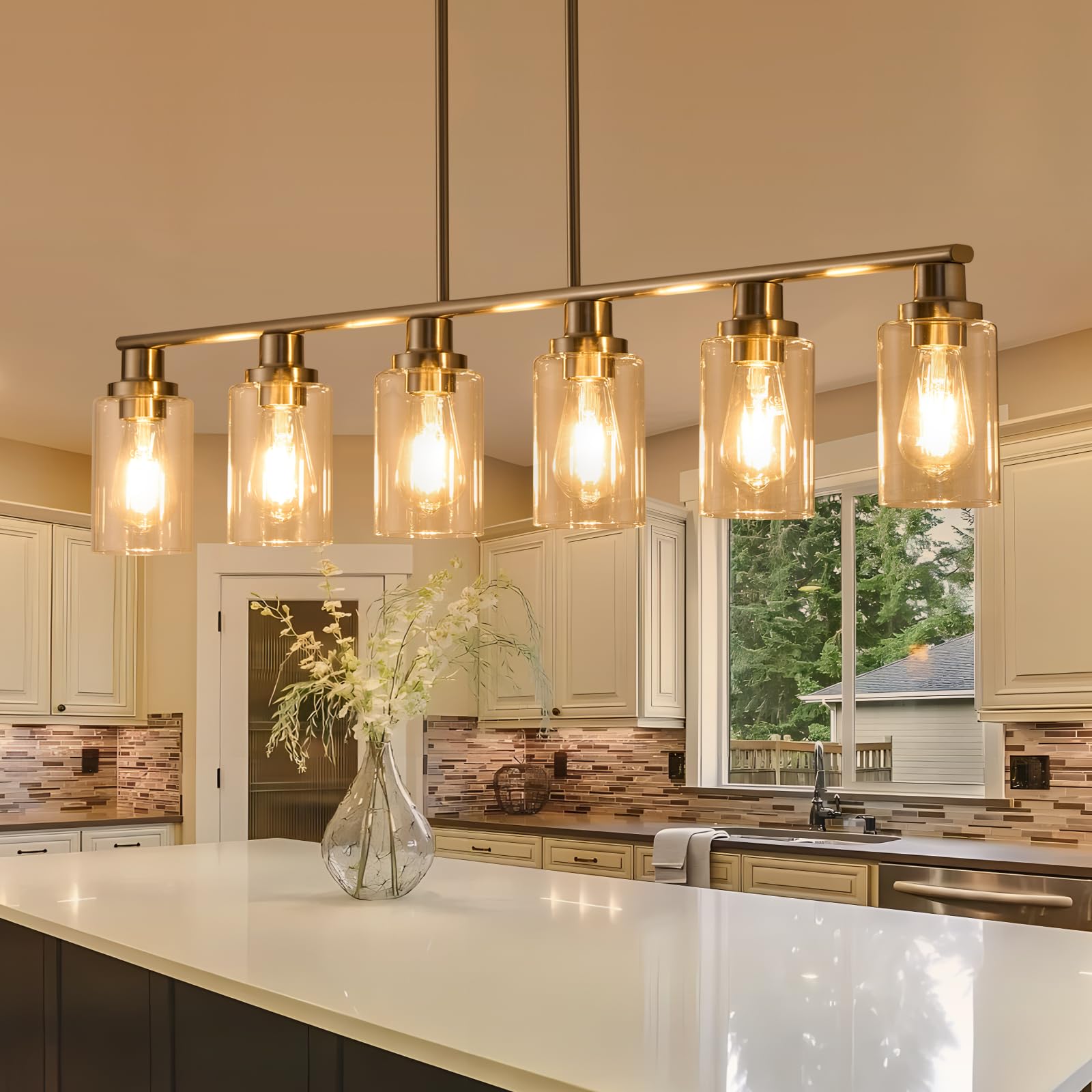 Kitchen Island Lighting, 4-Light Dining Room Light Fixtures Over Table, Gold Linear Chandelier for Dining Room Hanging,Pendant Lights Kitchen Island,with Clear Glass Shade,Height Adjustable