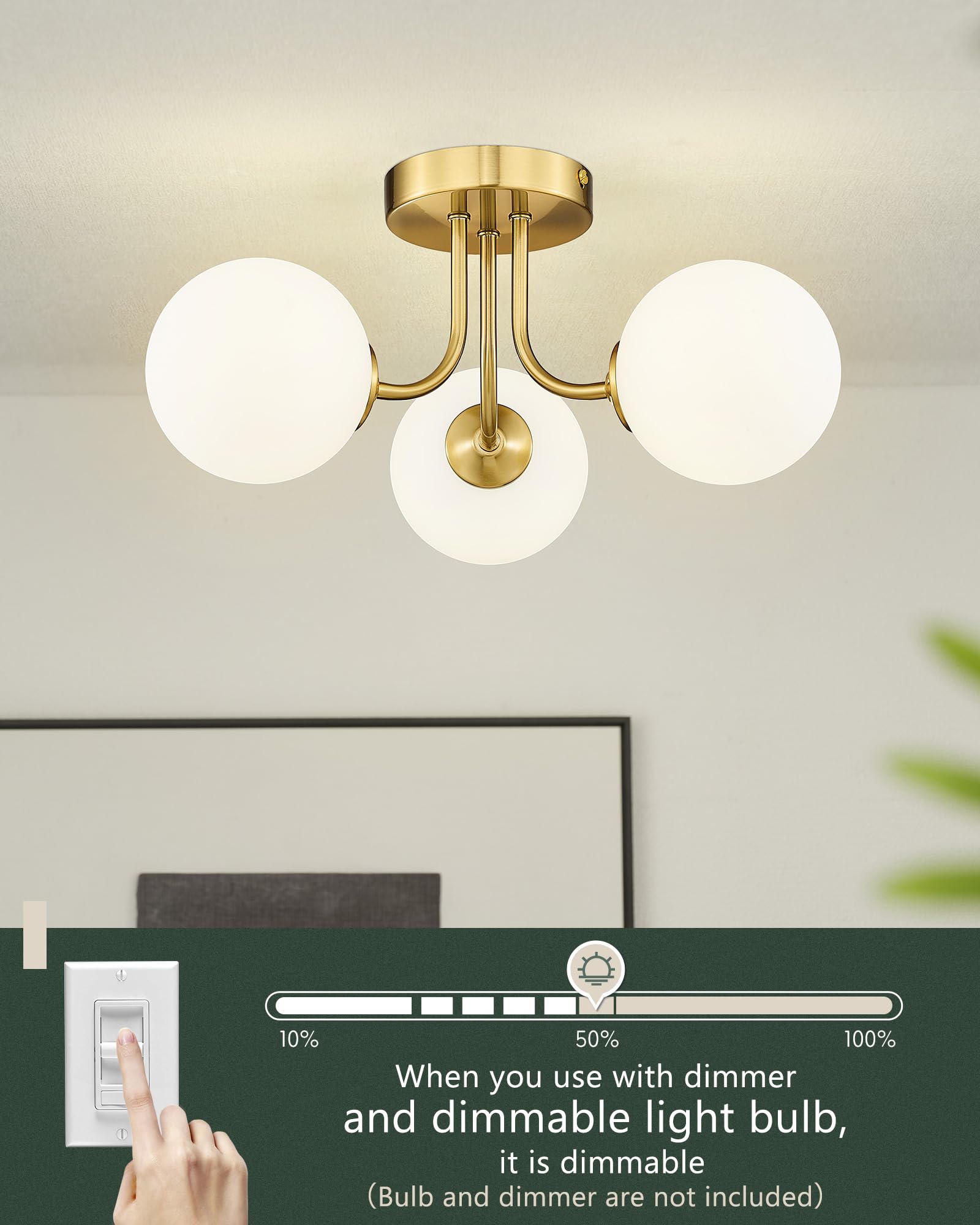 3-Light Black Ceiling Light Fixture, Industrial Semi Flush Mount Ceiling Light, Ceiling Light with Globe Frosted Glass for Kitchen Bedroom Hallway, CL4845-3W-BK