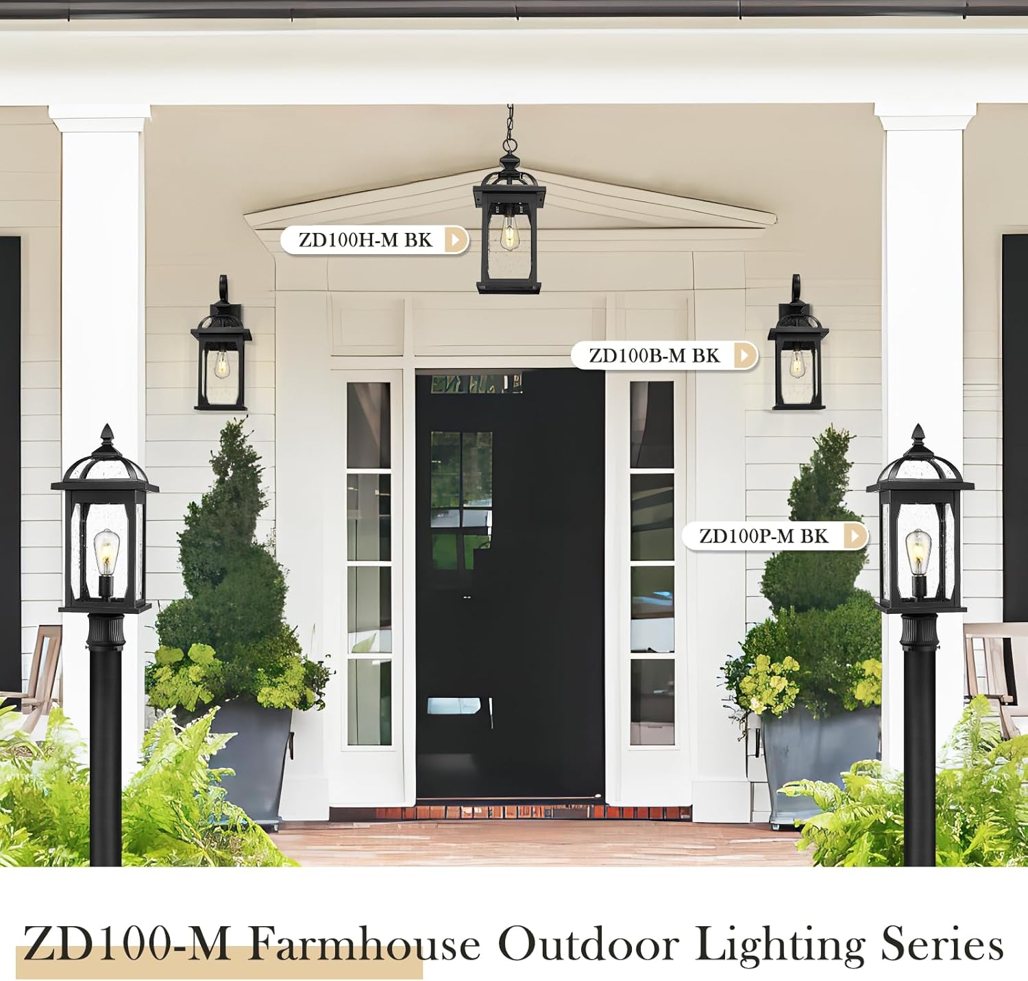 Large Outdoor Hanging Light, 20 Inch Outdoor Pendant Lights for Porch Patio, Die-Cast Aluminum in Seeded Glass Shade, Black Finish, ZD100H-M BK