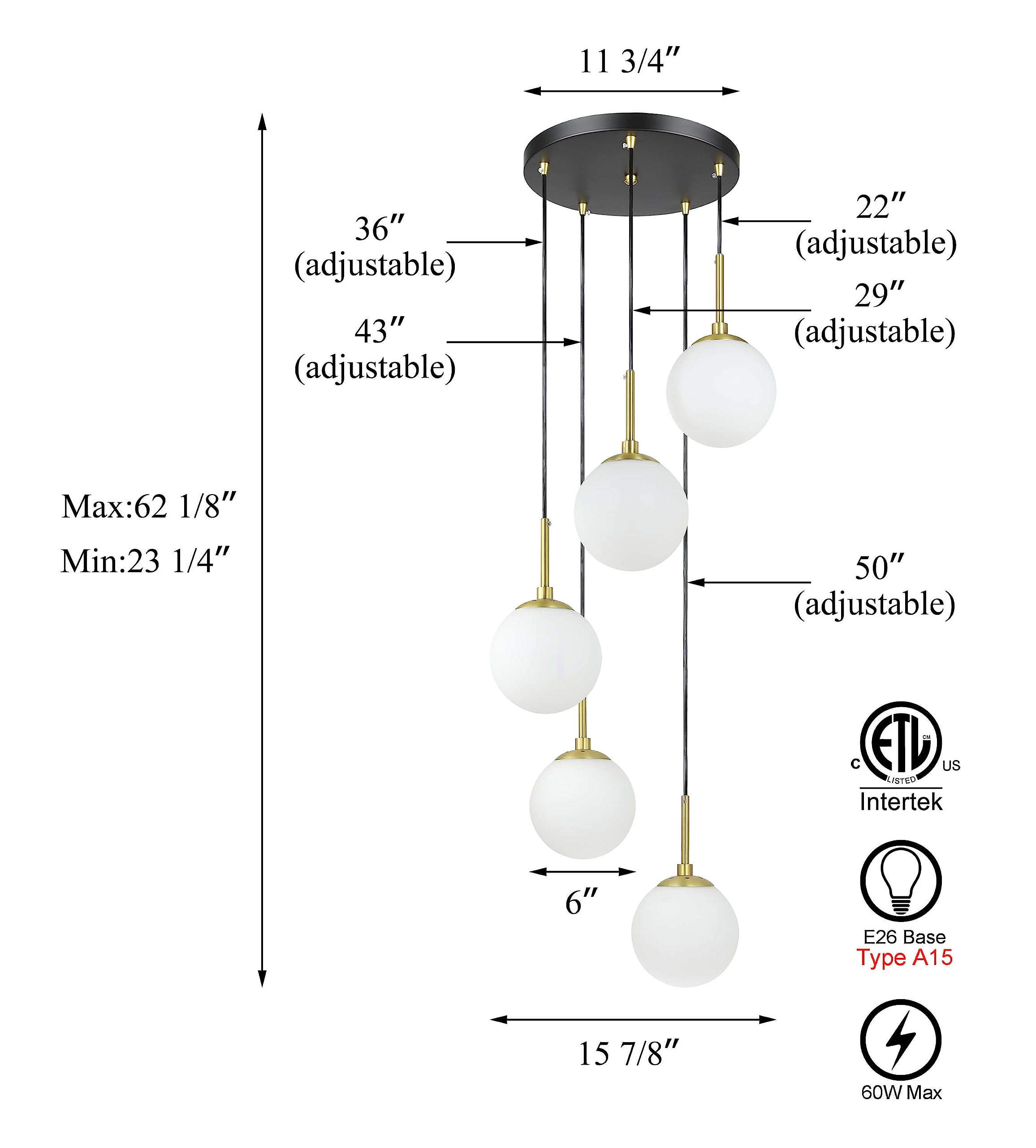 XiNBEi Lighting 3 Light Globe Cluster Pendant Light Modern Stairwell Lighting Pendant Lights Kitchen Island Black Brass Adjustable Hanging Chandelier Light Fixture Staircase Lights