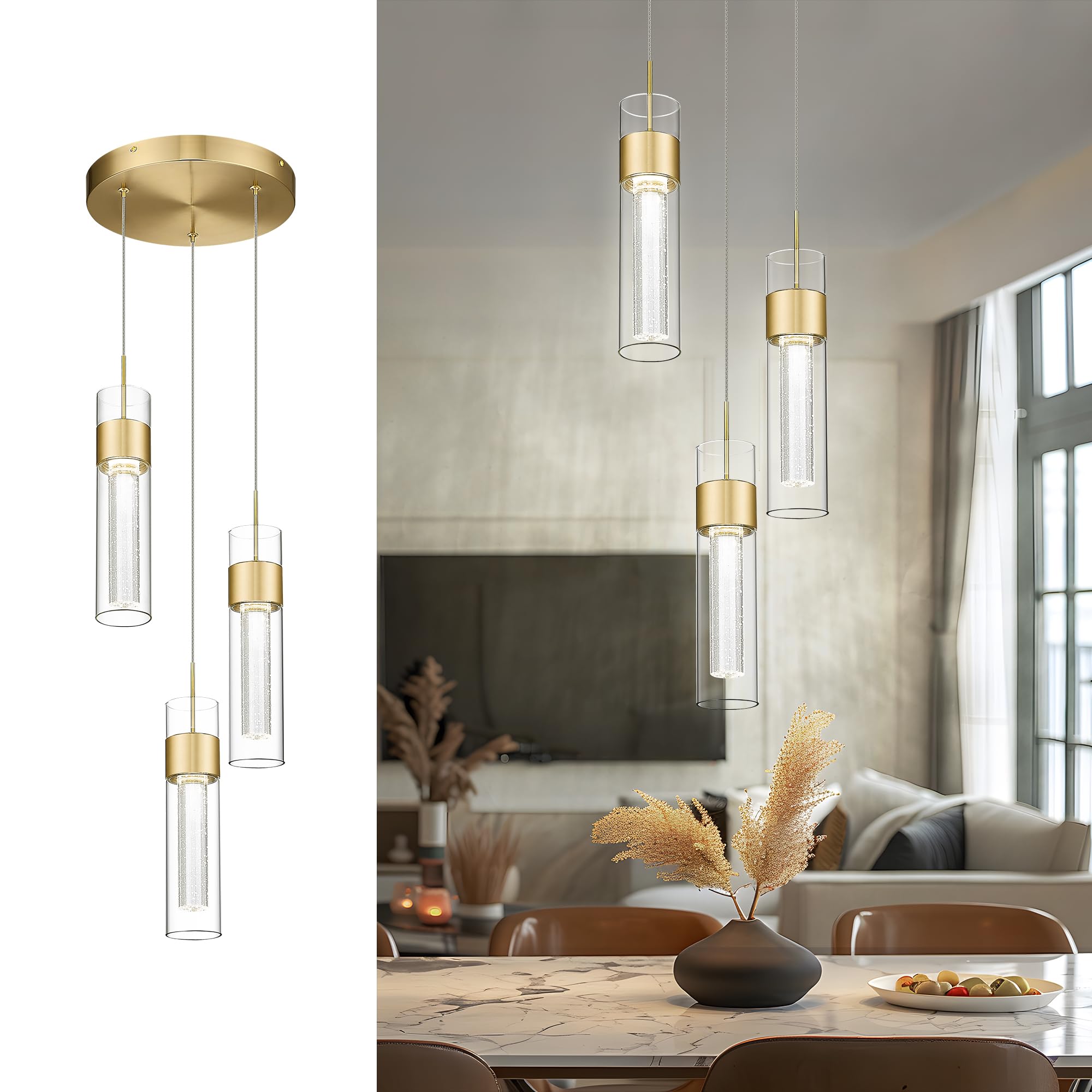 Pendant Light Fixtures, 3-Lights, Modern LED Pendant Lights with Clear Glass and Bubble Crystal, Adjustable Pendant Lights for Kitchen Island, KDPL09-GD-3L