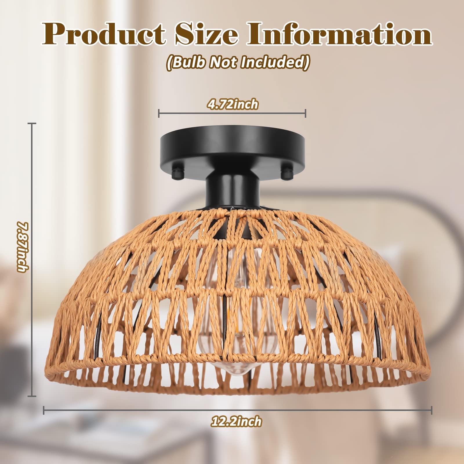 Rattan Pendant Light Fixtures 2 Packs, Boho Woven Basket Pendant Light, Handmade Wicker Hanging Lamp, Rattan Chandelier for Kitchen Island, Dining Room, Living Room, Bedroom, E26 Base