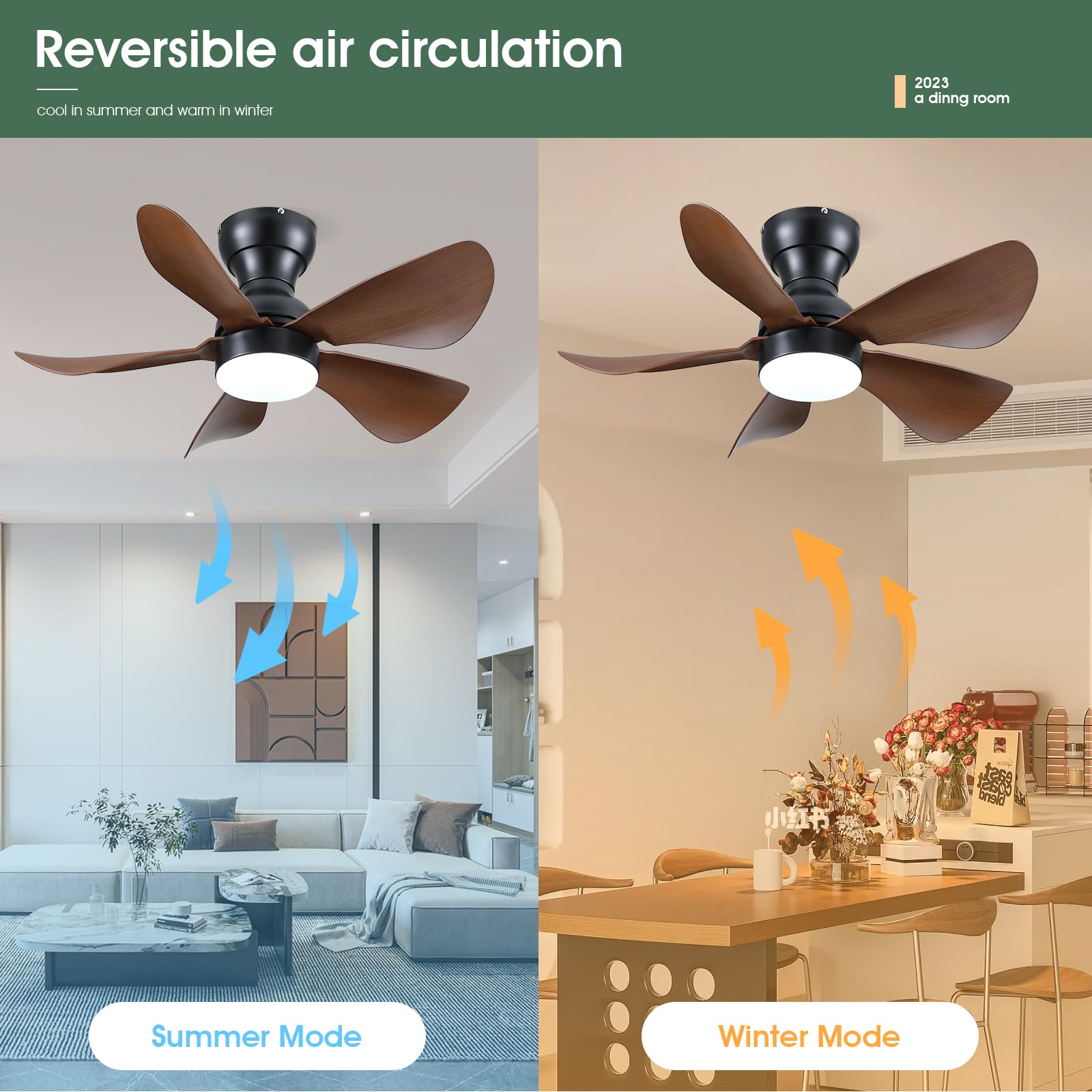 Ceiling Fans with Lights and Remote/APP Control, 30 inch Low Profile Ceiling Fans with 5 Reversible Blades 3 Colors Dimmable 6 Speeds Ceiling Fan for Bedroom Kitchen Dining Room, White