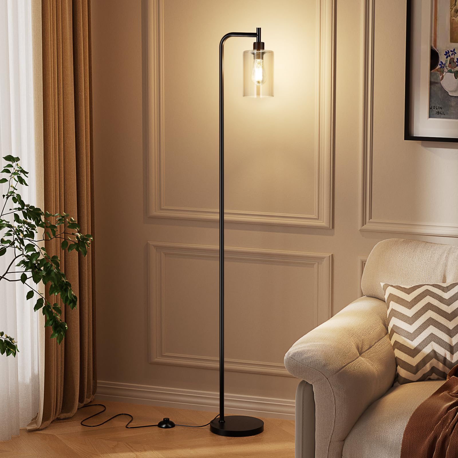 Industrial Floor Lamp with Glass Shade - Black, LED Bulbs, Foot Pedal Switch, Easy Assembly