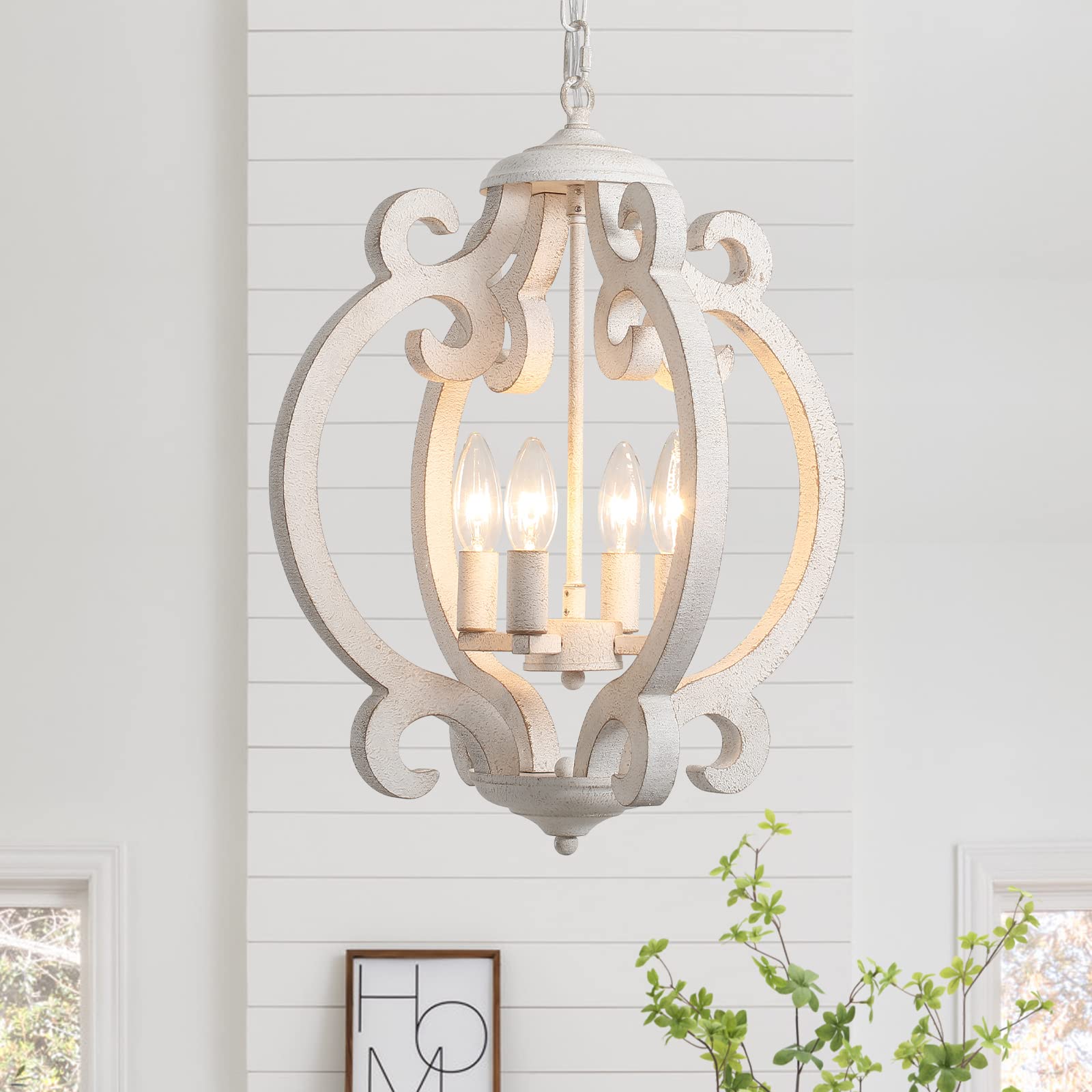 Antique Distressed White & Gold Wooden Farmhouse Chandelier for Dining Room, 5 Lights French Country Chandeliers Rustic Pendant Lighting for Living Room Kitchen Island Bedroom Entryway