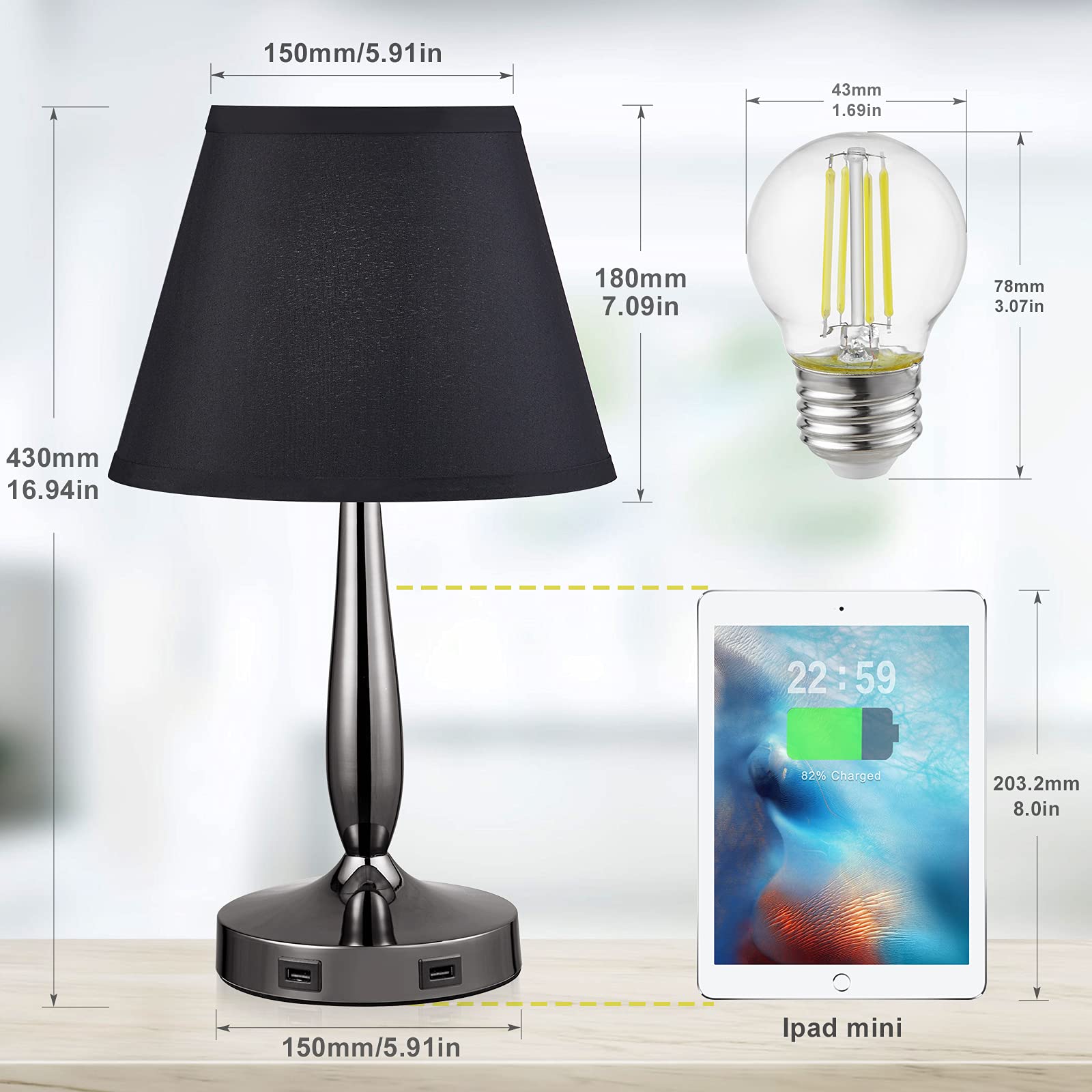 Touch Table Lamp with USB Ports, 3-Way Dimmable Modern Small Nightstand Lamp for Bedroom, Living Room & Office, Bedside Lamp w/ Grey Trapezoid Shade and Metal Base, LED Bulb Included