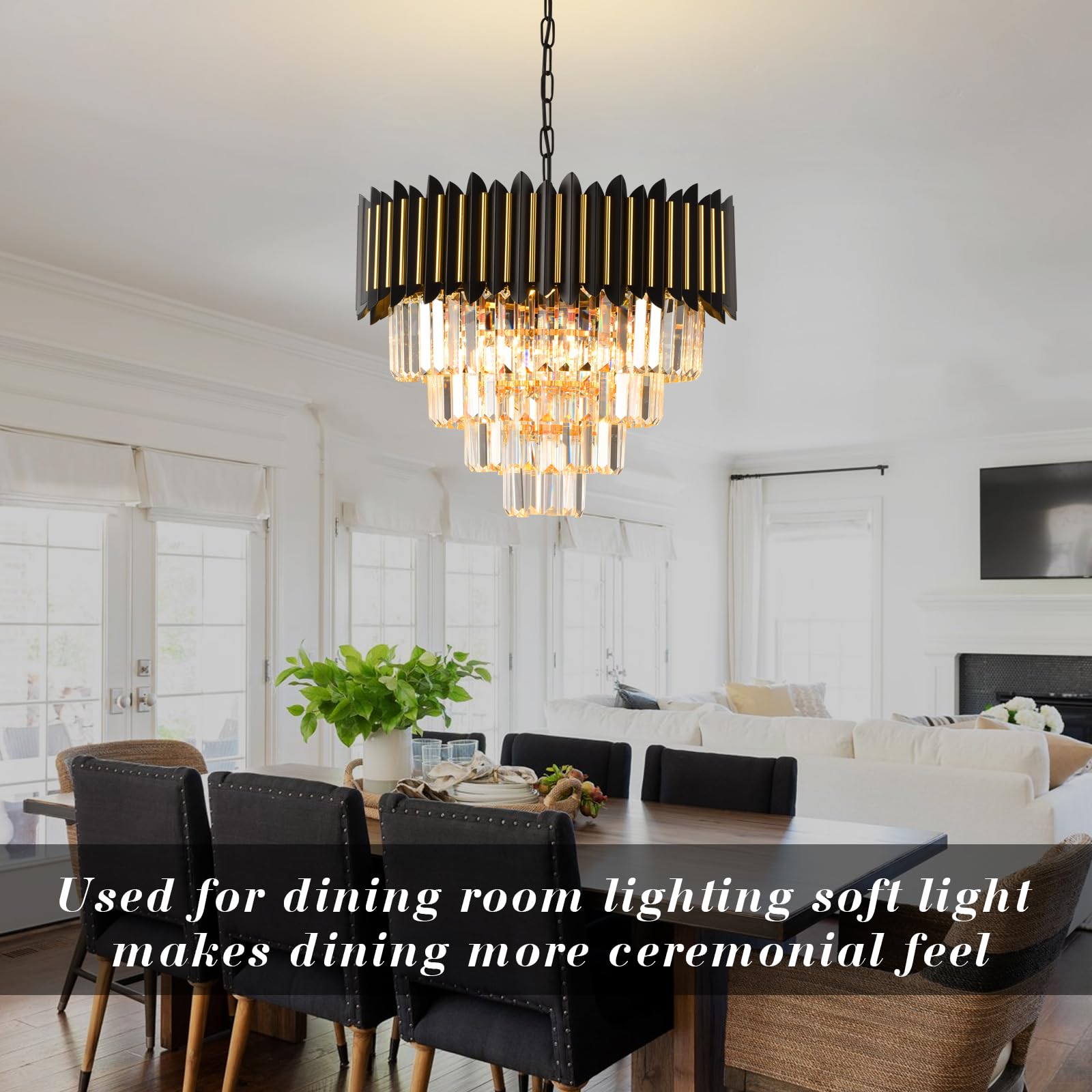 Modern Crystal Chandeliers 3 Tiers Black and Gold Chandelier Pendant Light Fixtures Round Flush Mount Chandeliers Ceiling Lighting for Living Room Dining Room Foyer Bedroom Entryway Kitchen W16in