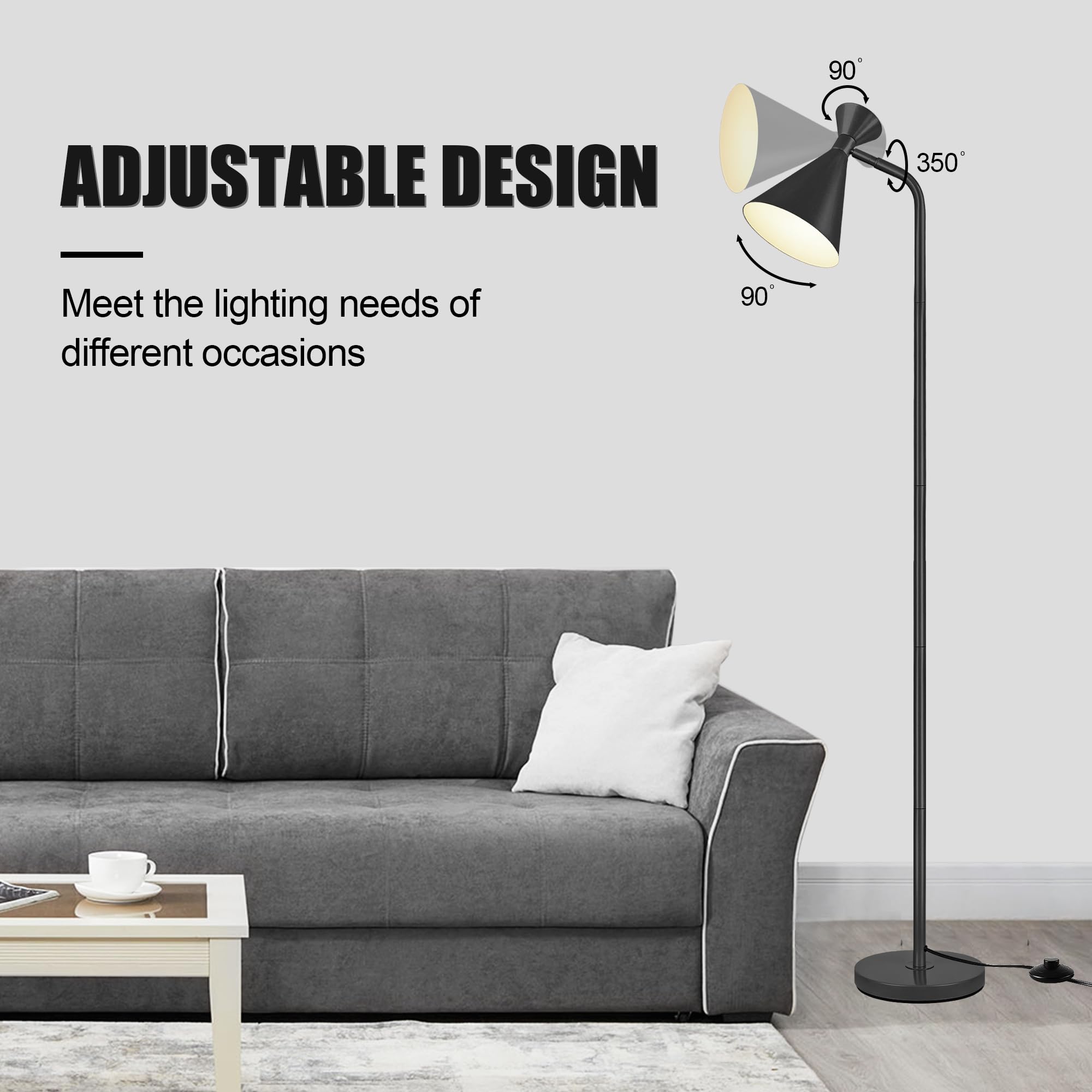 PARTPHONER Floor Lamp for Living Room, Modern Adjustable Metal Heads Standing Lamps, Simple Design Black Floor Lamp with Foot Switch for Bedroom, Office, Kids Room, Reading, Working(Bulb Not Included)