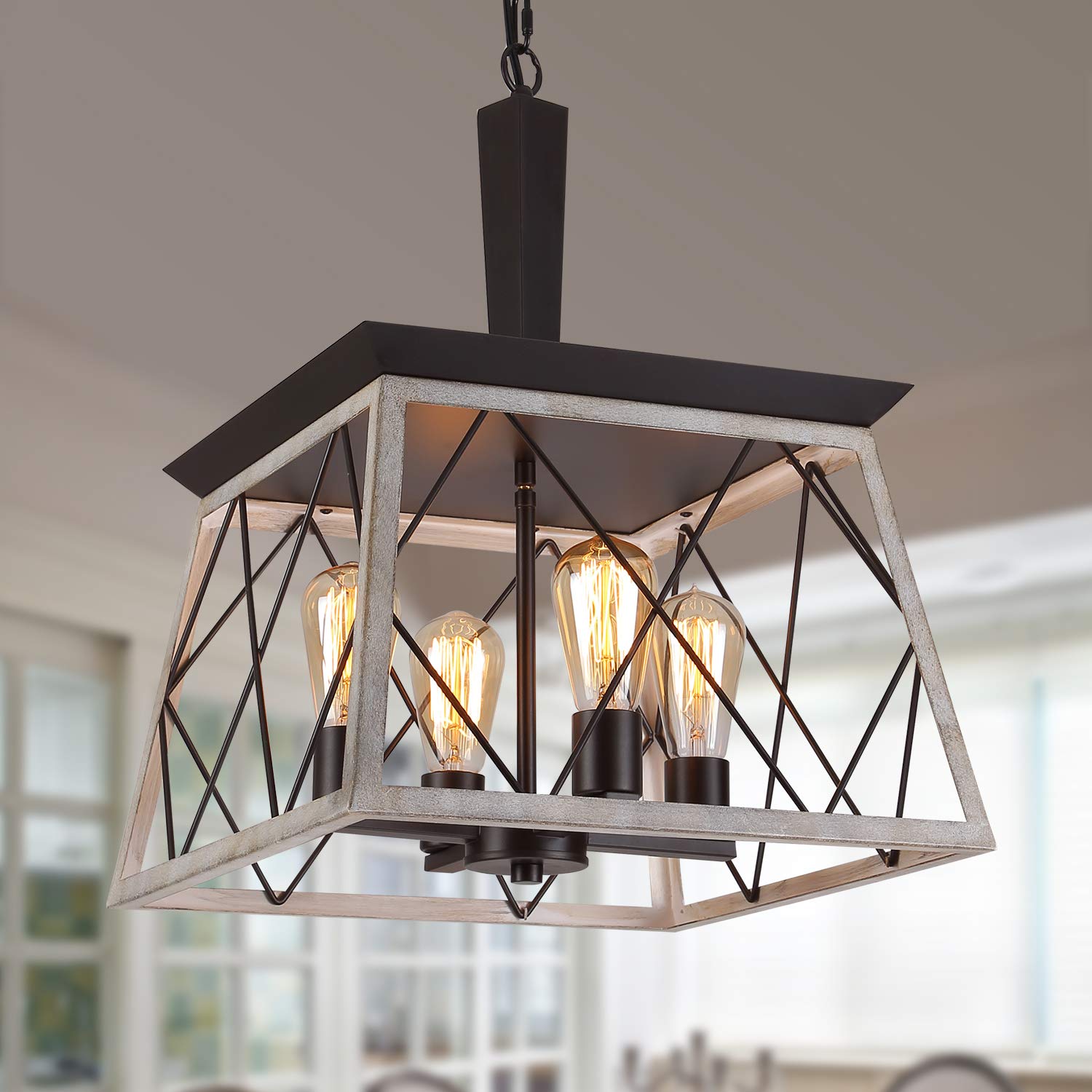 Q&S Farmhouse Vintage Chandelier, Rustic Pendant Light,Industrial Hanging Light Fixture for Dining Room Kitchen Island,Wrought Iron,ORB+Oak White 4 Lights E26 UL Listed