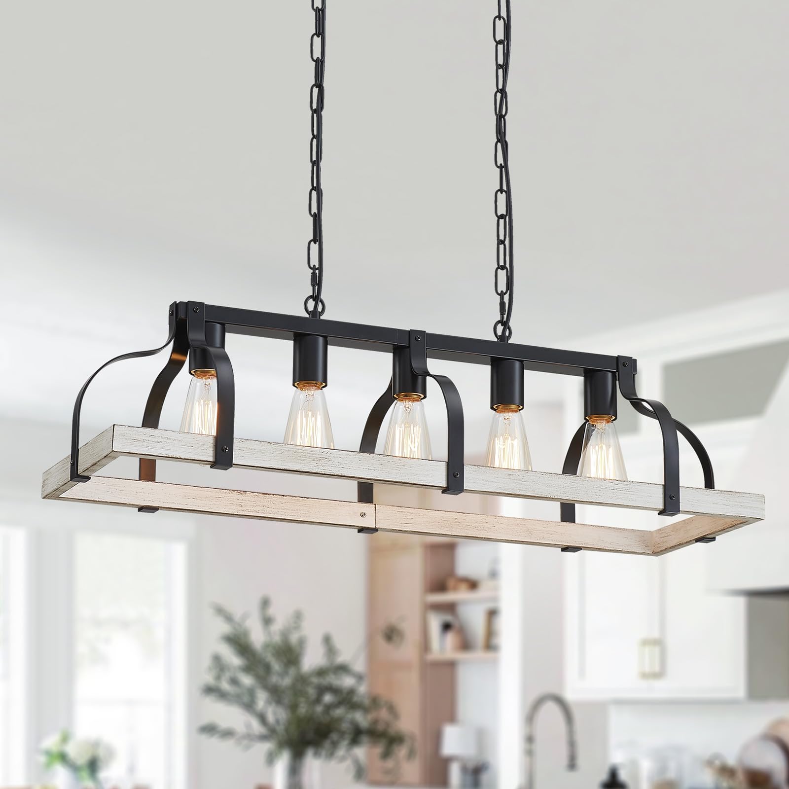 WUZUPS 5-Light Metal Chandelier Imitation Wood Grain Linear Pendant Ceiling Lighting Rustic Farmhouse Fixture Kitchen Island Dining Room, H 8.5" L 31.5" W10, E26 Base, Black & Antique White