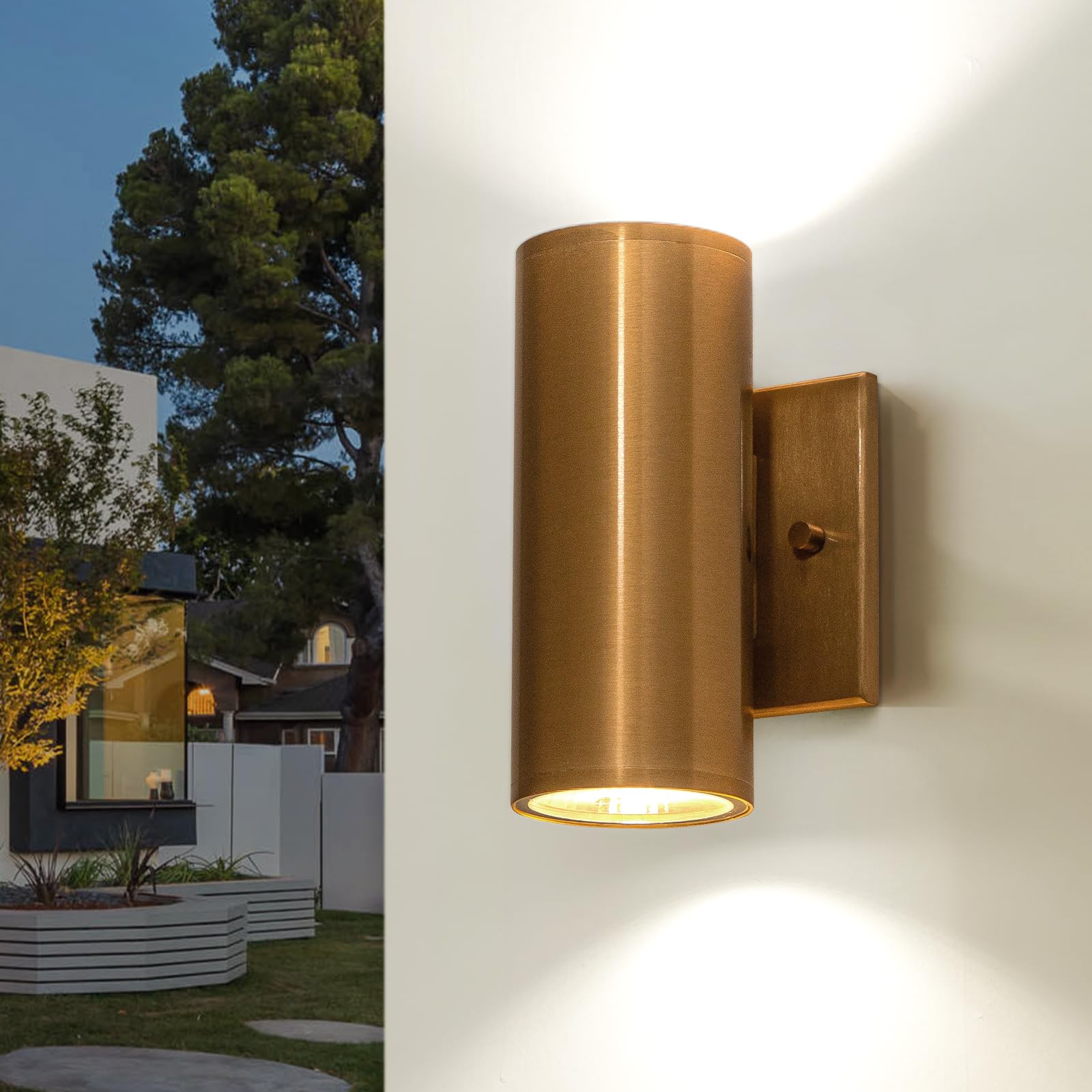 Outdoor, Modern Gold LED Outdoor Wall Lights Fixture in 2 Lights, 7 inch Cylinder Exterior Light Fixture Wall Mount for Porch Patio Garage House Entryway