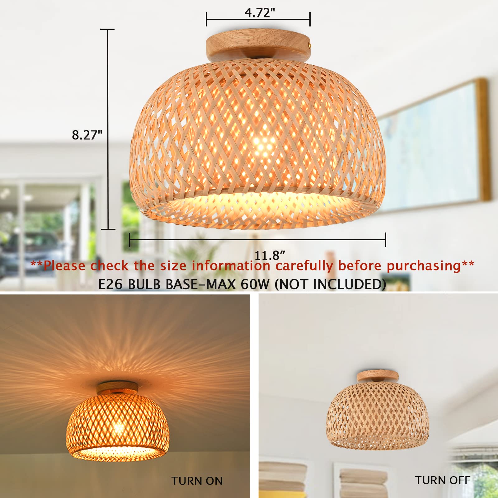 Rattan Semi Flush Mount Ceiling Light,Bamboo Wicker Light Fixture,Handmade Boho Fixtures Ceiling,Farmhouse for Bedroom Nursery Hallway Corridor Passway