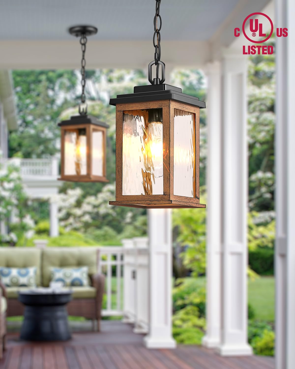 Outdoor Pendant Light Fixture, Farmhouse Exterior Hanging Lights with Adjustable Chain, Anti-Rust Aluminum Frame with Tempered Water Glass, Hanging Lantern for Front Door Ceiling Entry Porch