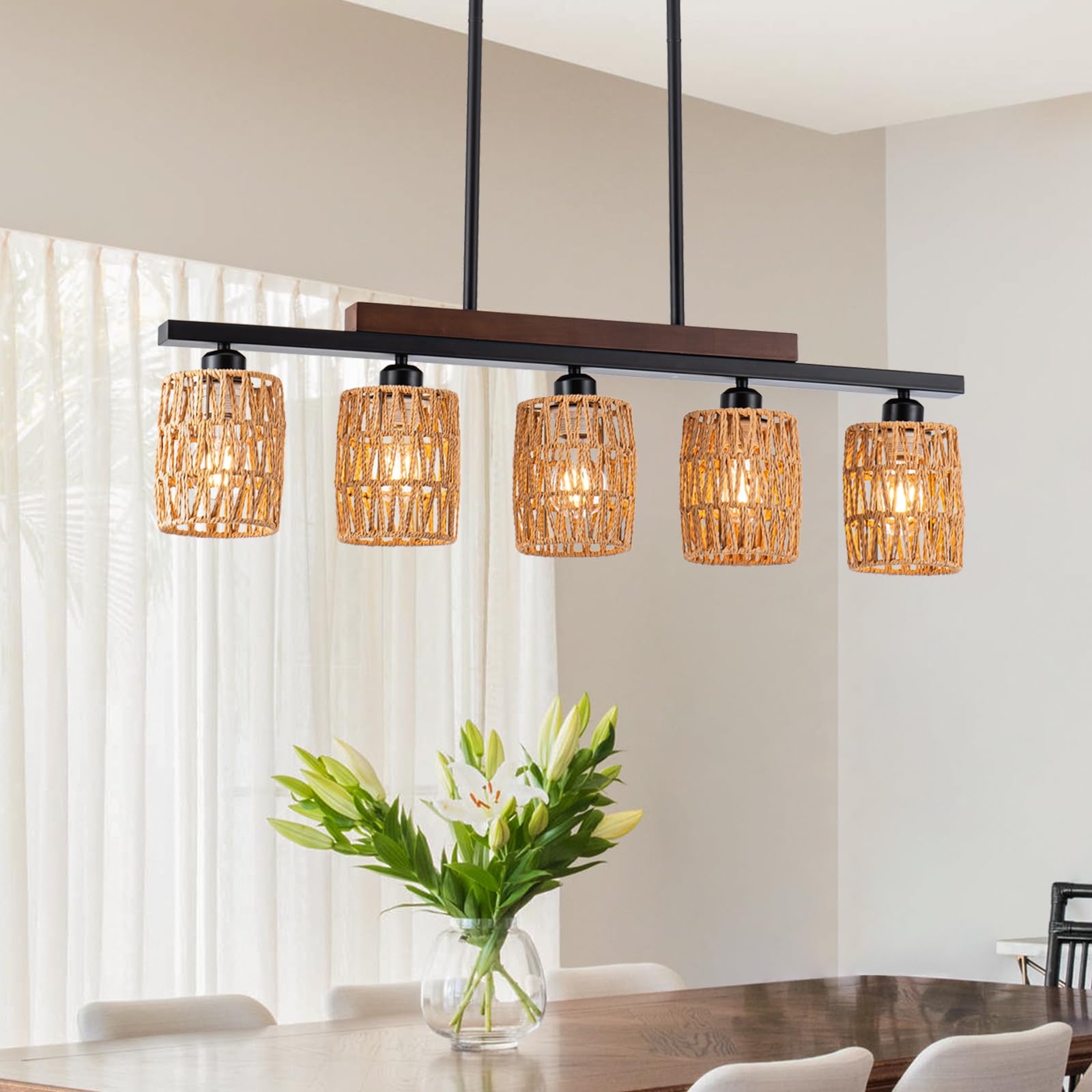 Rattan Kitchen Island Light Fixture, 5 Lights Boho Rectangle Pendant Lights for Dining Room, Farmhouse Chandeliers Over Table, Modern Ceiling Hanging Kitchen Light Fixtures, Height Adjustable